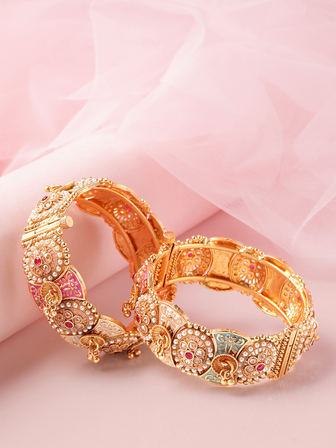 Panini jewels Set Of 2 Gold-Plated Stones-Studded & Beaded Bangles