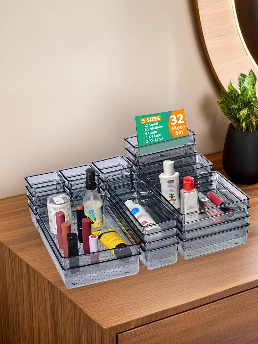 Aura Black & Transparent 32 Pieces Acrylic Makeup Organisers