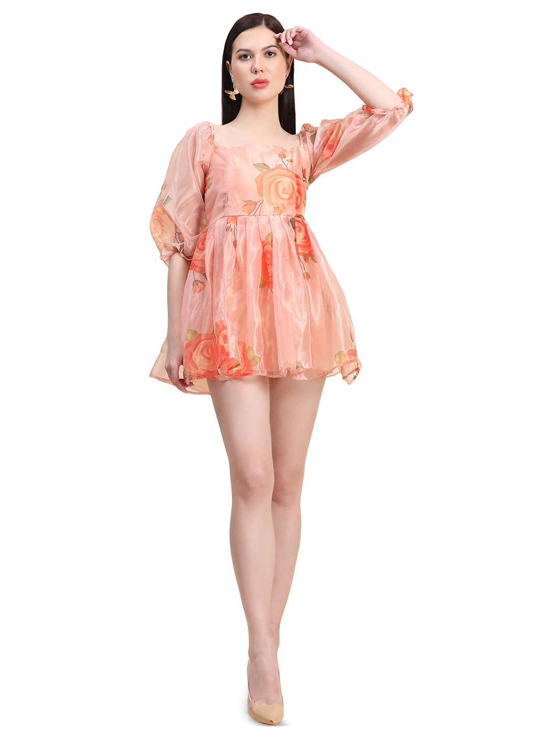 JOYT ENTERPRISE Women Floral Print Puff Sleeve Fit & Flare Mini Dress