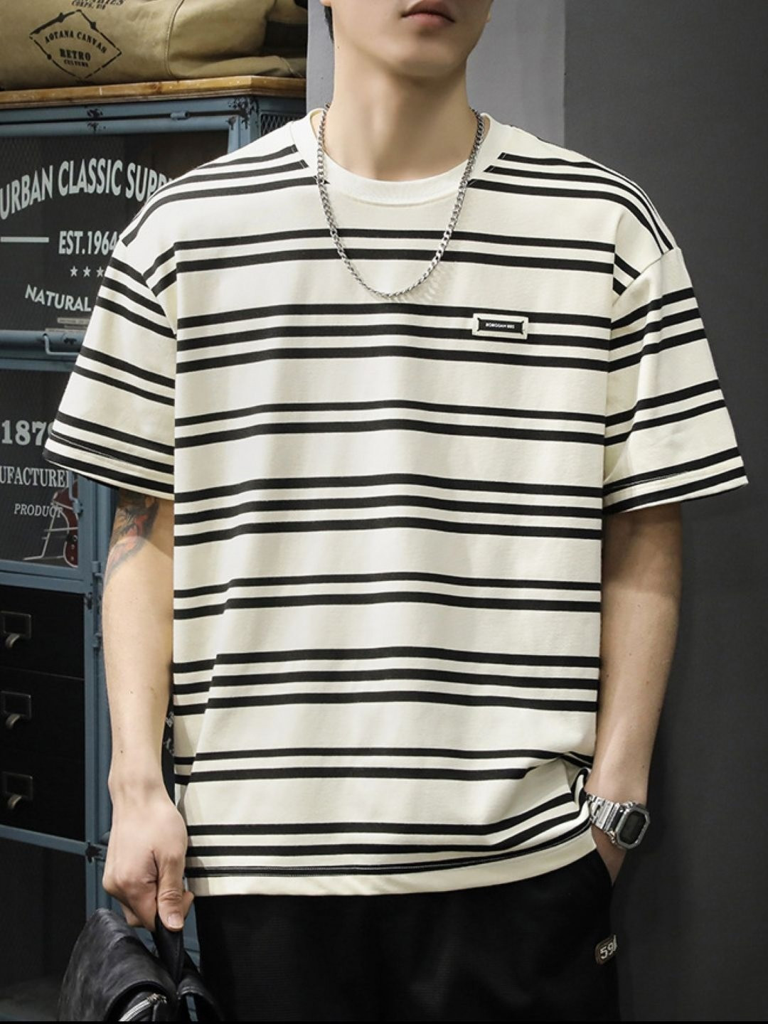 KPOP Striped Oversized T-shirt with Round Neck