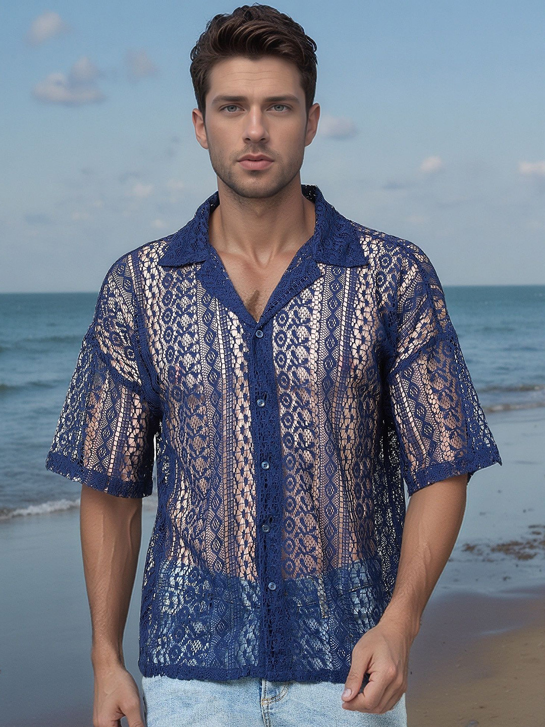 ZYNG Geometric Printed Textured Sheer Cuban Collar Boxy  Fit Shirt