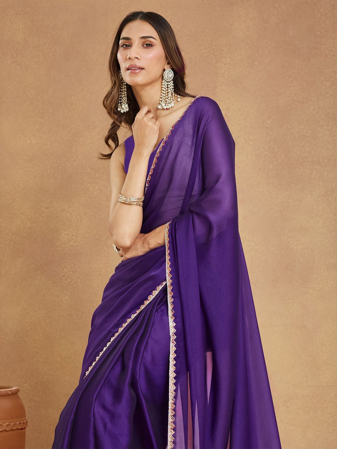 LOROFY Embellished Border Beads and Stones Satin Saree
