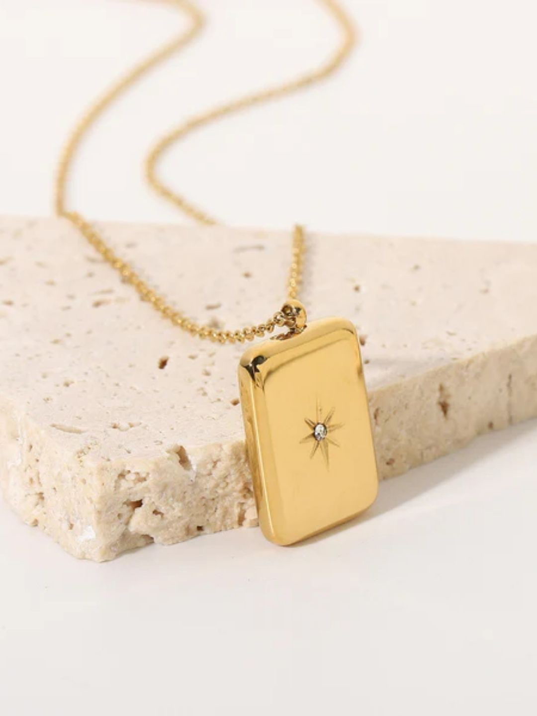 FAB COUTURE Gold-Plated Stainless Steel Spark Stone Waterproof Rectangular Pendant & Chain