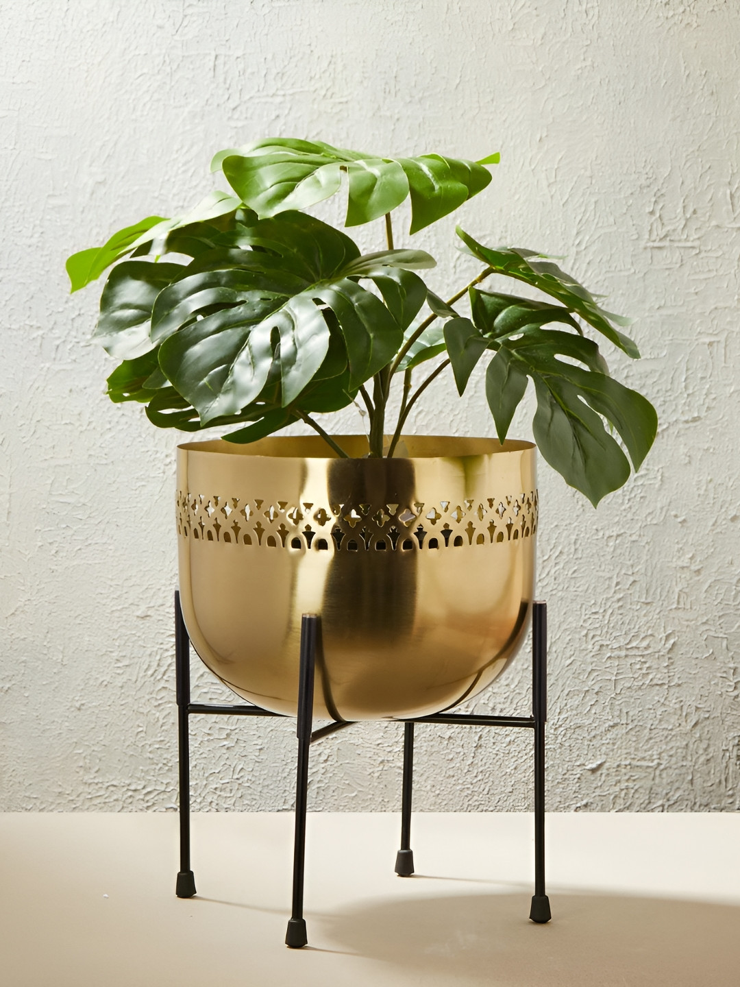 Fabindia Sarvar Gold Toned & Black Textured Metal Floor Planter With Stand