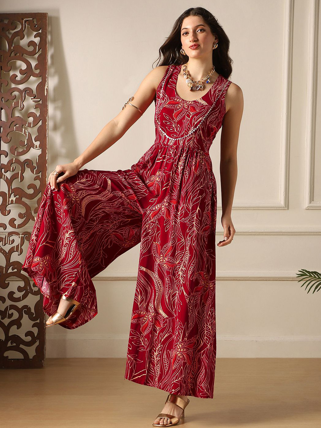 Globus Women Maroon Ethnic Print Round Neck Lace Detail Flared Wide Leg Fusion Jumpsuit
