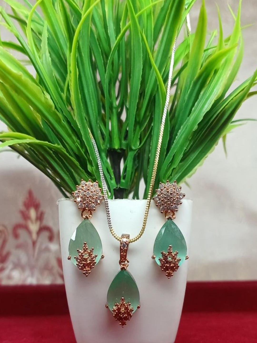 SR Collections Gold-Plated Crystals Studded Pendant & Earrings