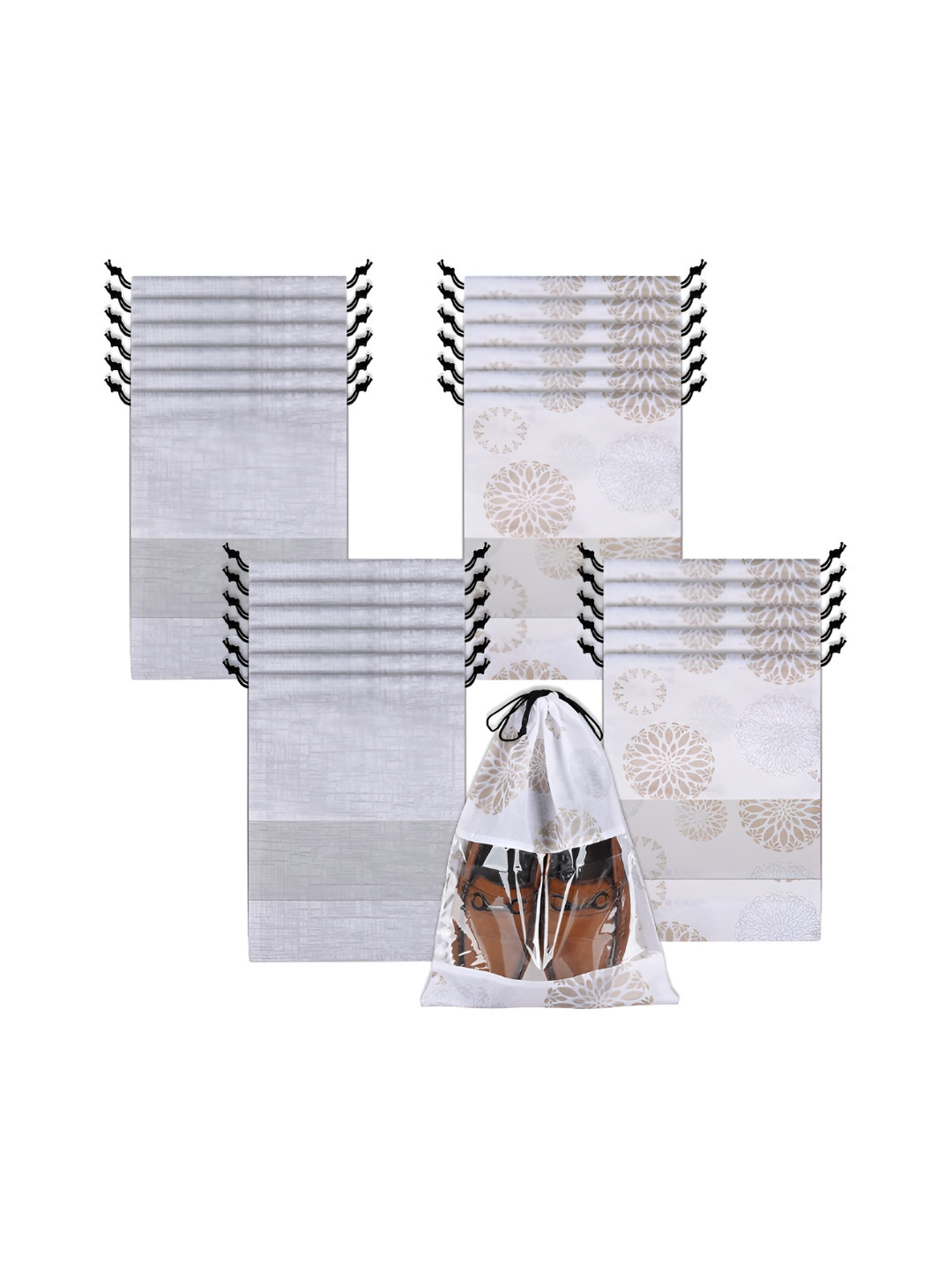 Aura White & Beige 24 Pieces Printed Shoe Bags With Transparent Windows