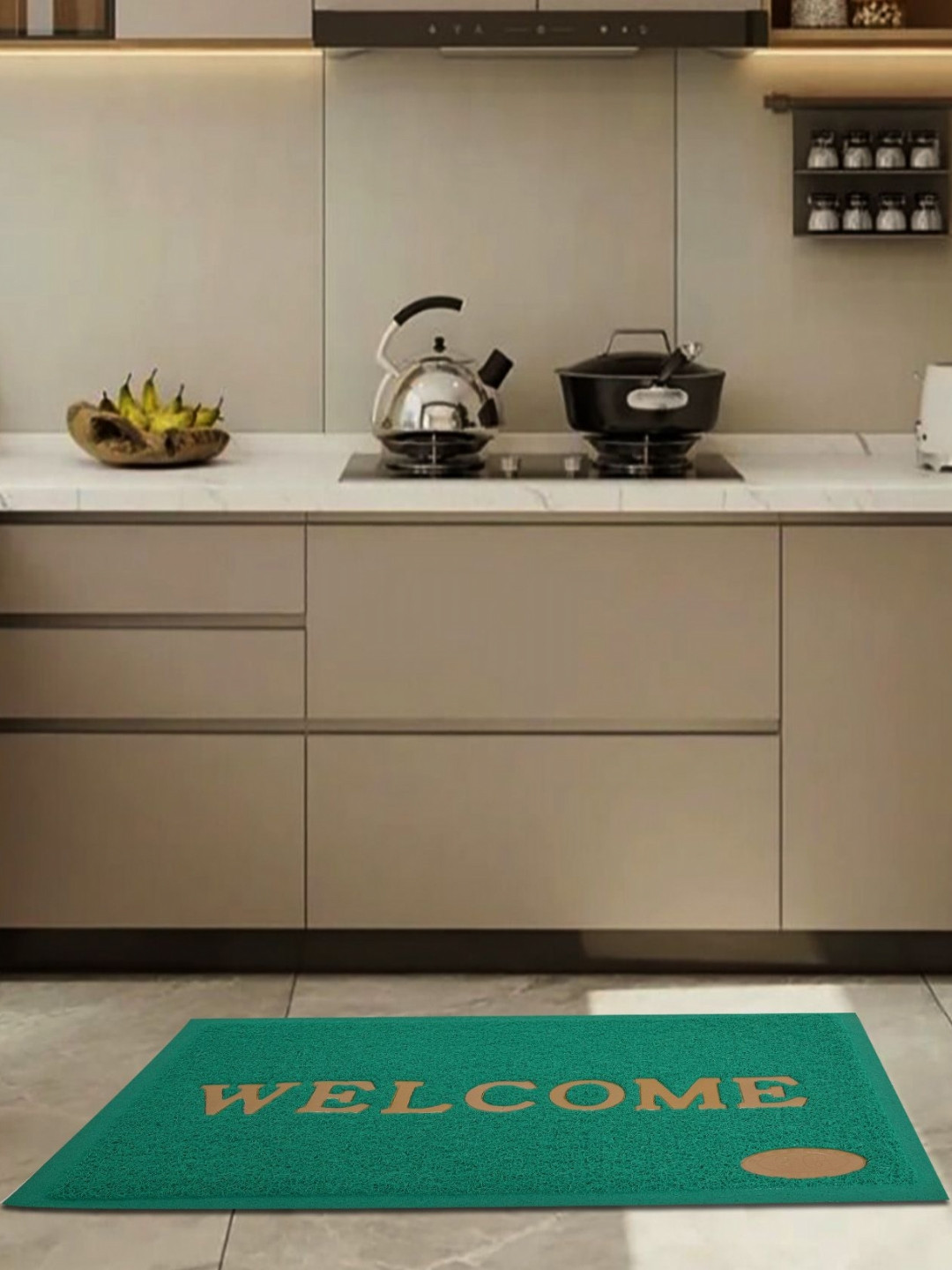 Aura Green & Beige Self-Designed Anti-Slip Water Absorbing Doormat