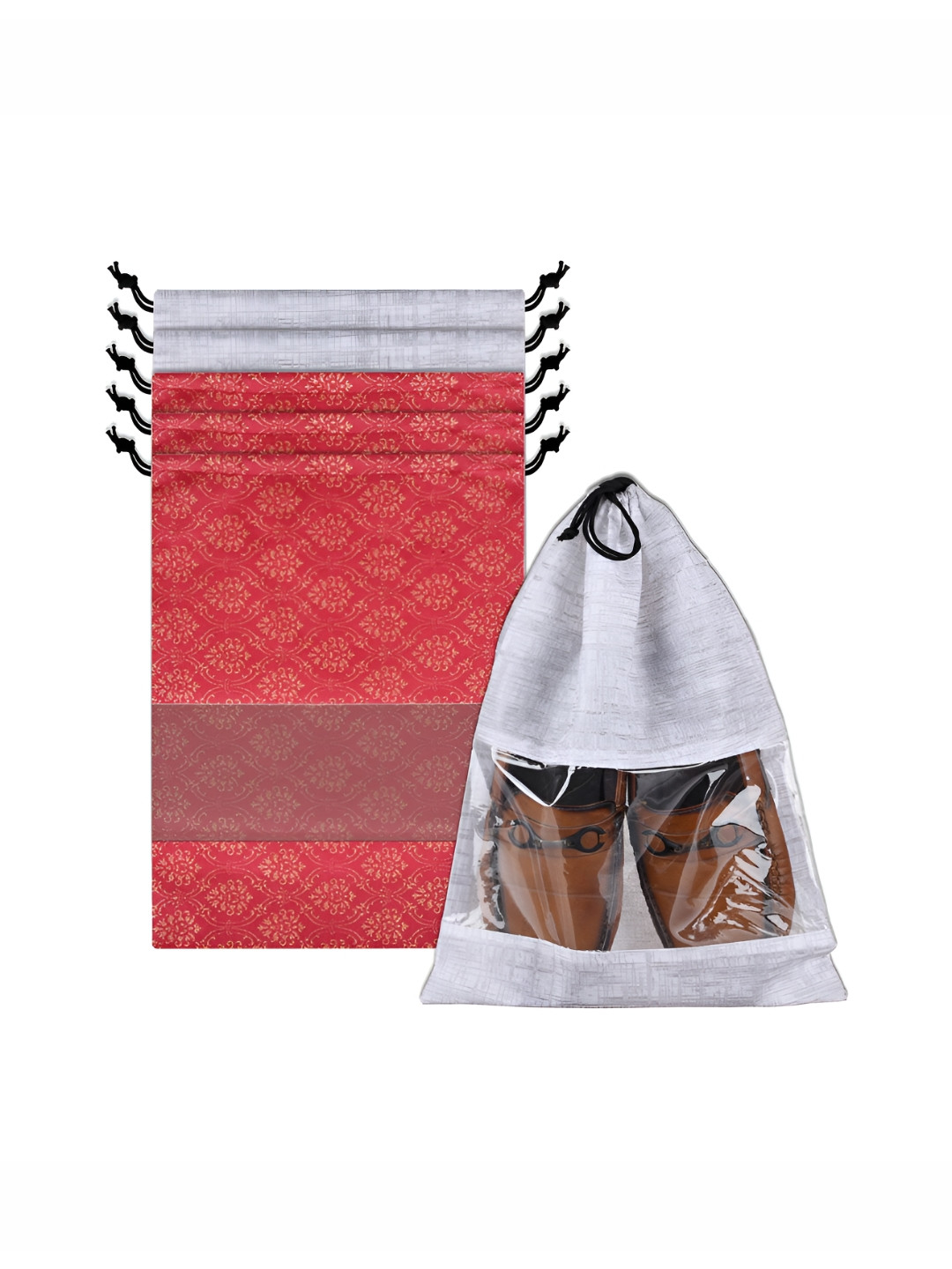 Aura Red & Grey 6 Pieces Printed Shoe Bags With Transparent Windows