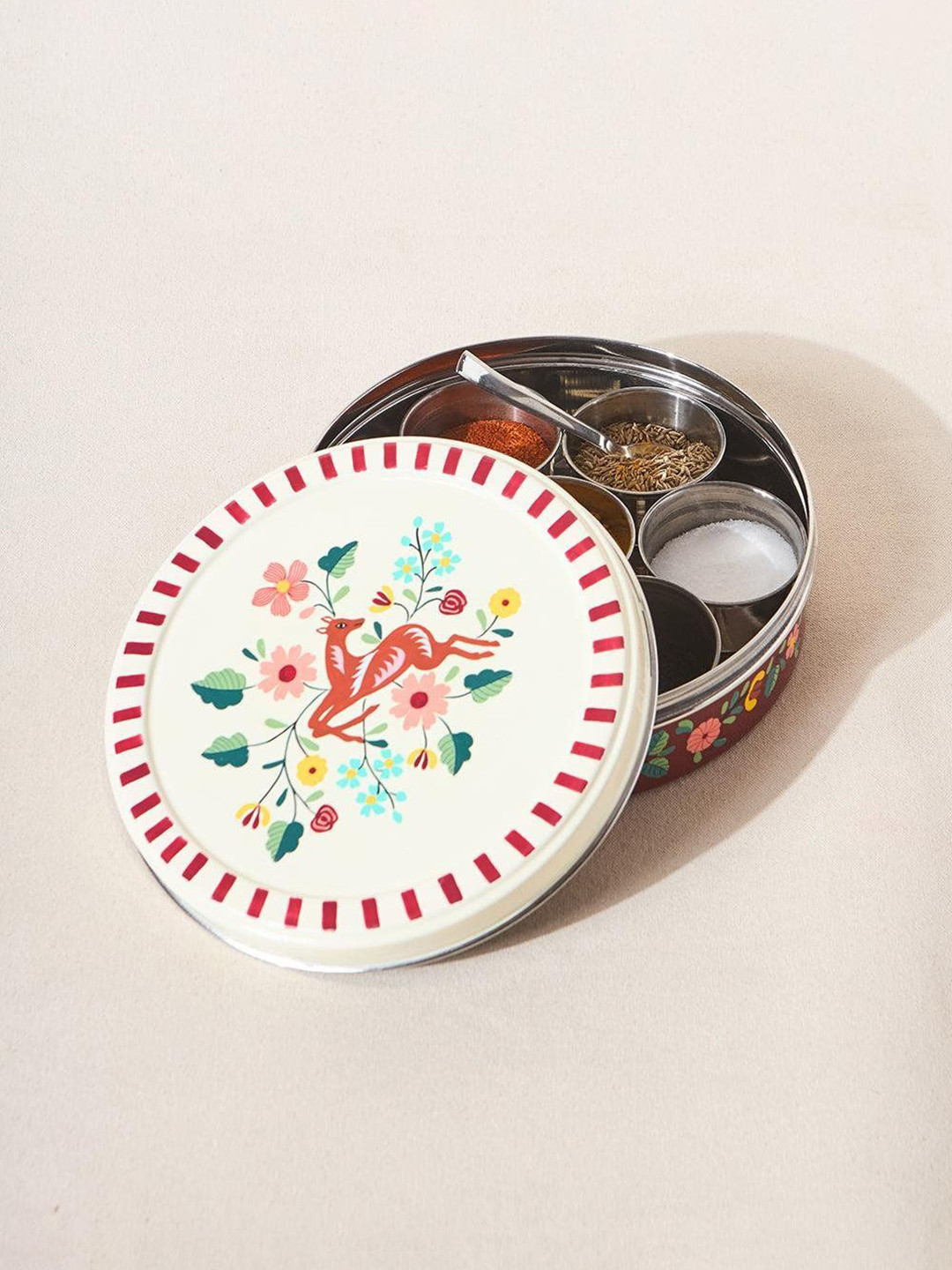Chumbak Hangul Off White & Red Hand-Painted Metal Masala Box