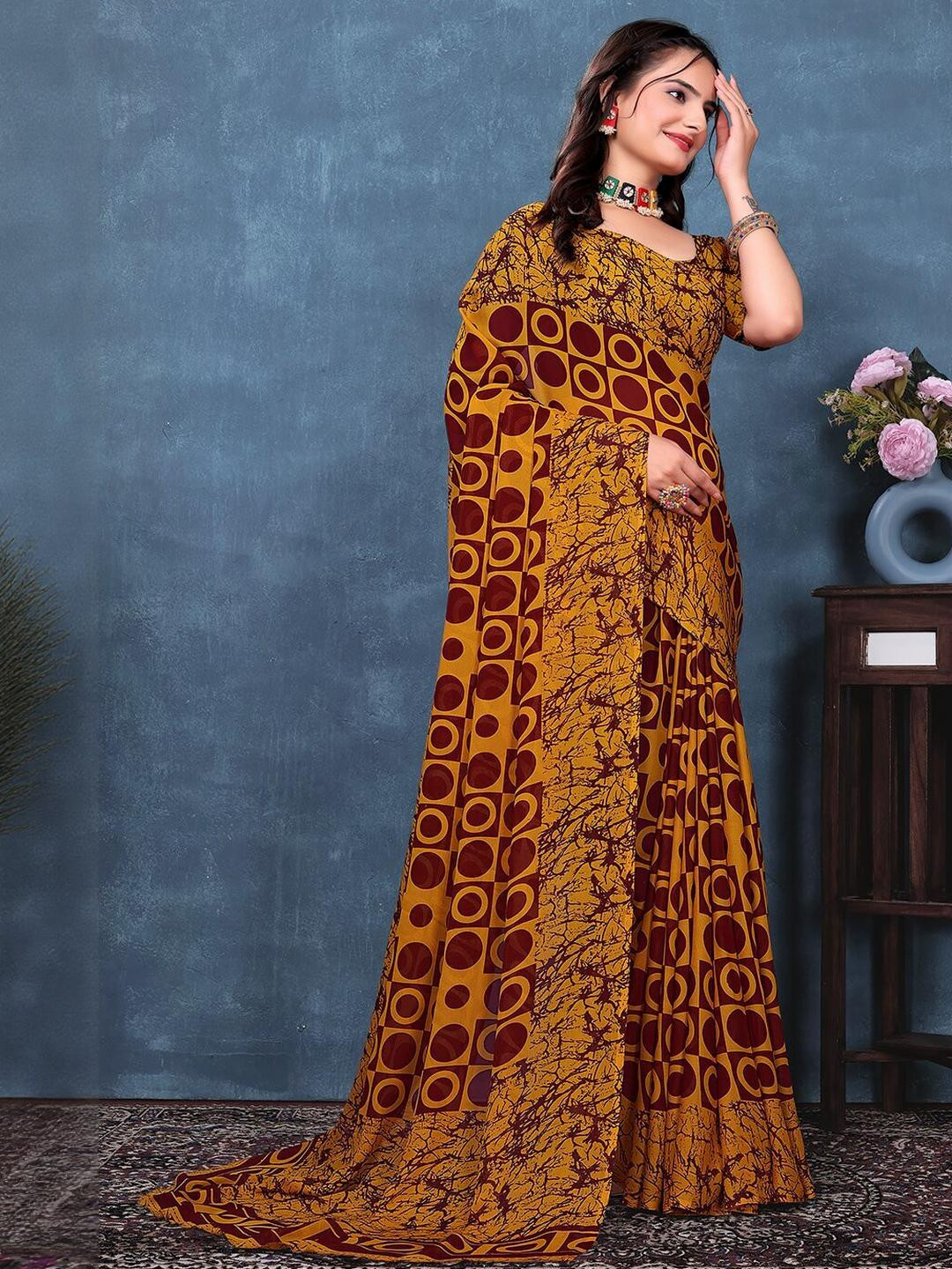 KANOODA Women Mustand Pure Georgette Bandhani Saree With Stitched Blouse