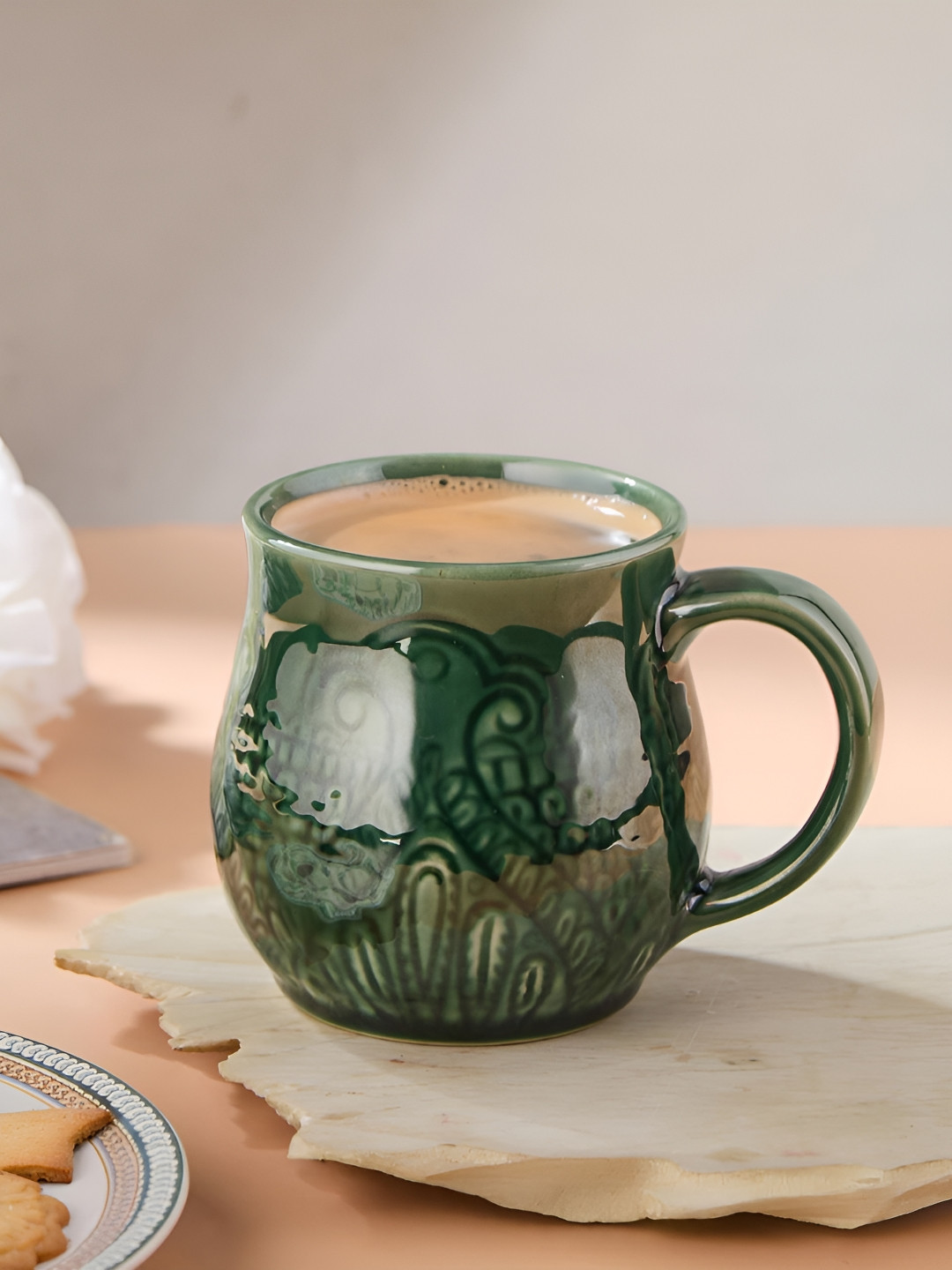 Fabindia Gul Green Printed Ceramic Glossy Mug