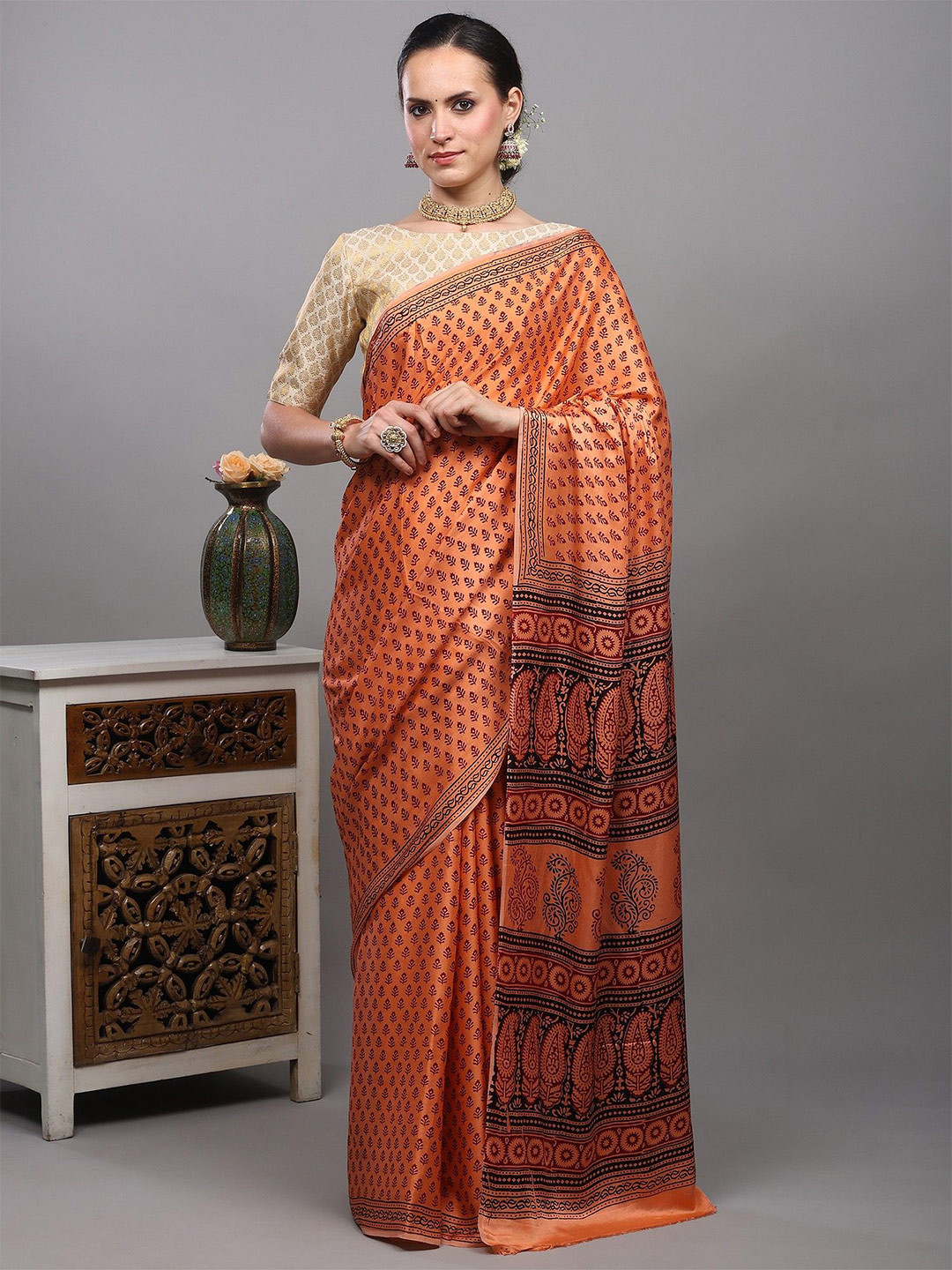 Exotic India Papaya-Punch Bagh Block Print Saree with Paisley Pallu from Madhya Pradesh