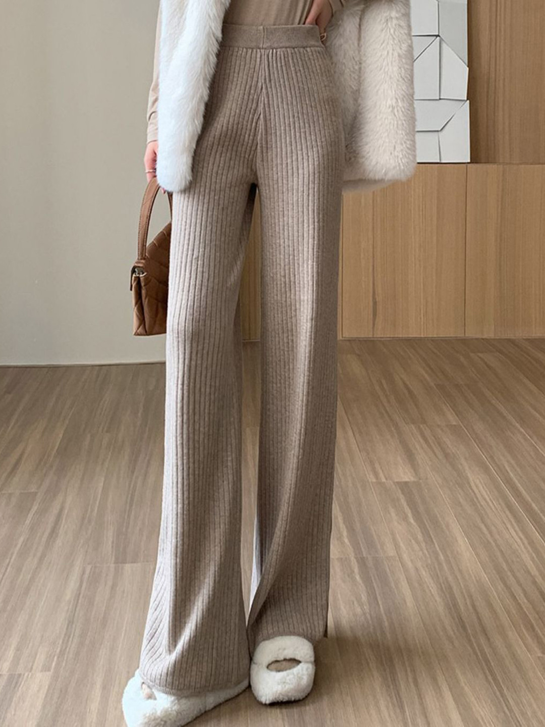 bebe Ribbed Knitted Flared Trousers With Side Buttons