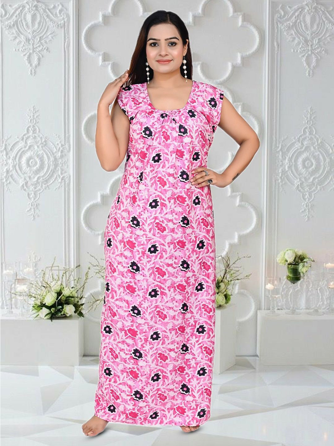 ANKONA Women Floral Printed Cotton Sleeveless Maxi Nightdress with Side Pocket