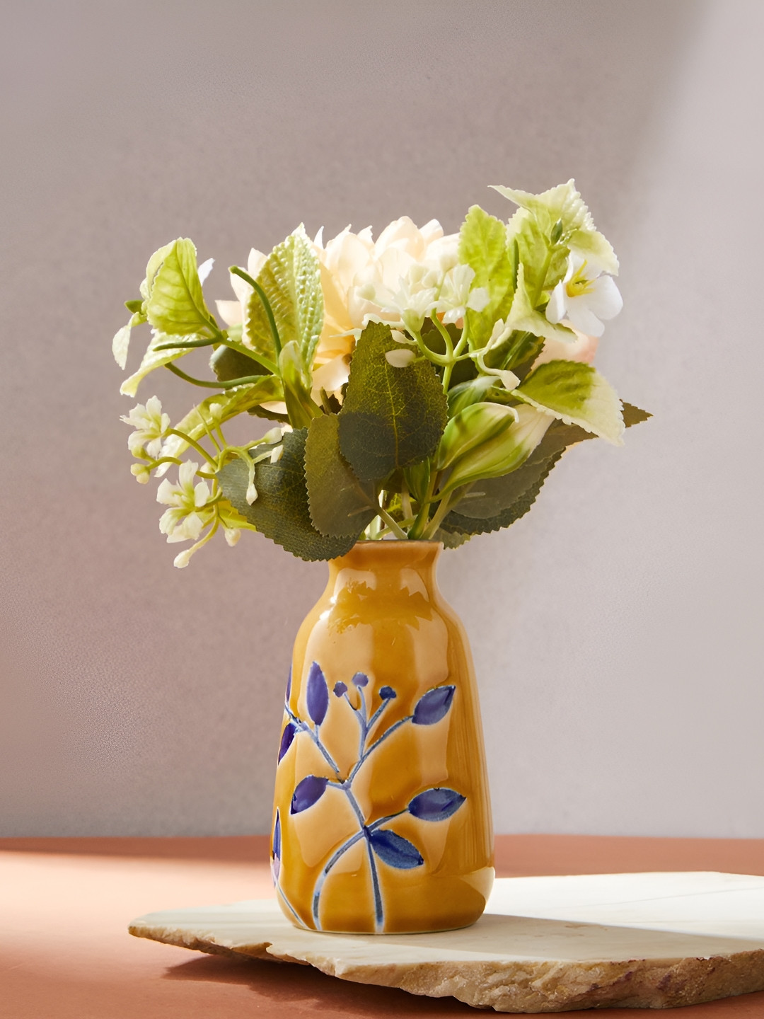 Fabindia Naintara Yellow & Blue Floral Printed Ceramic Bud Vase