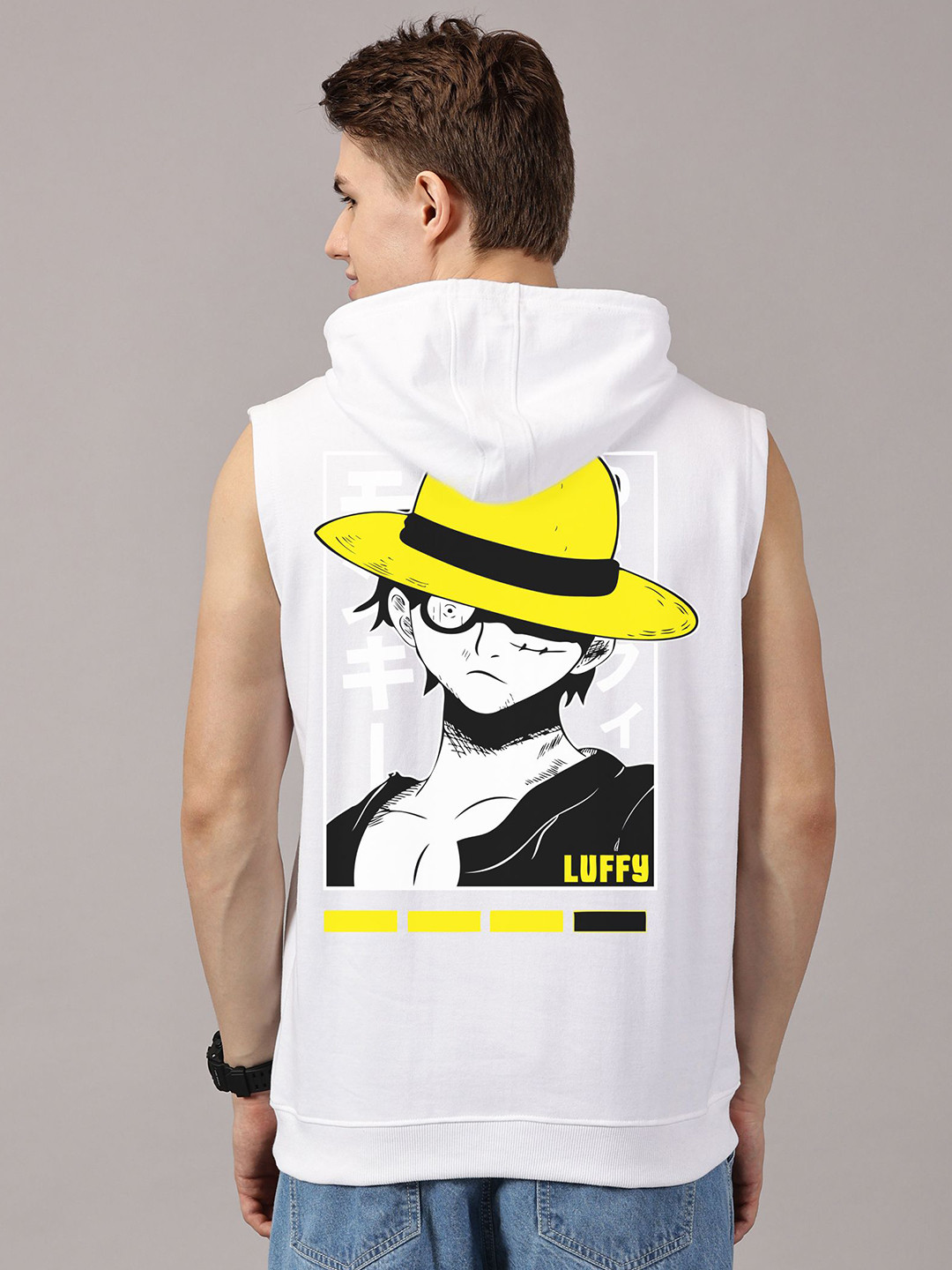 LEON Men Monkey D Luffy Printed Hooded Sleeveless Pullover Sweatshirt