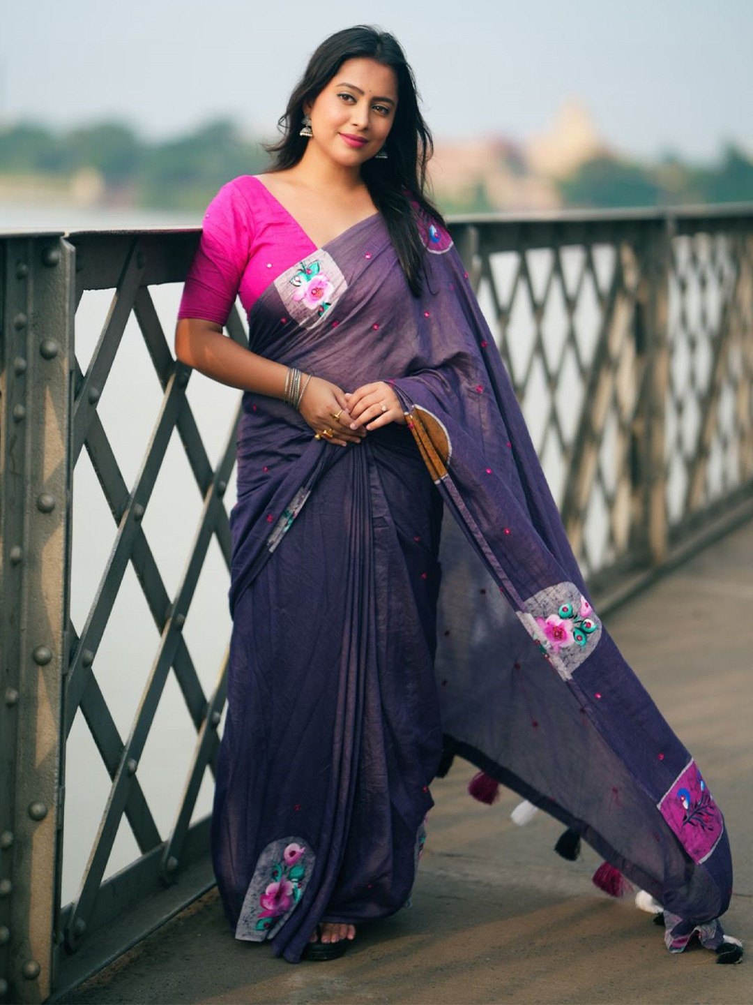 Mitera Chanderi Cotton Hand Printed Saree With Contrast Blouse Piece