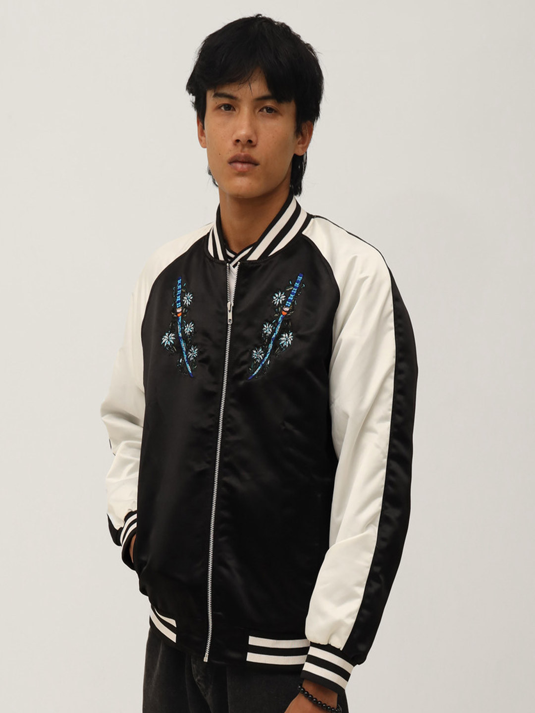 KALICO Men Mandarin Collar Floral Bomber Jacket