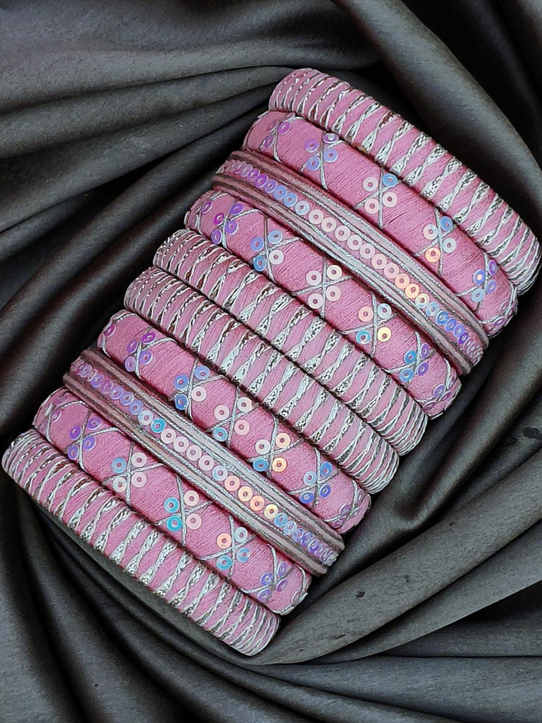 ADVIKA CREATIONS Pink & Silver Sequins Embellished Silk Thread Bangle Set