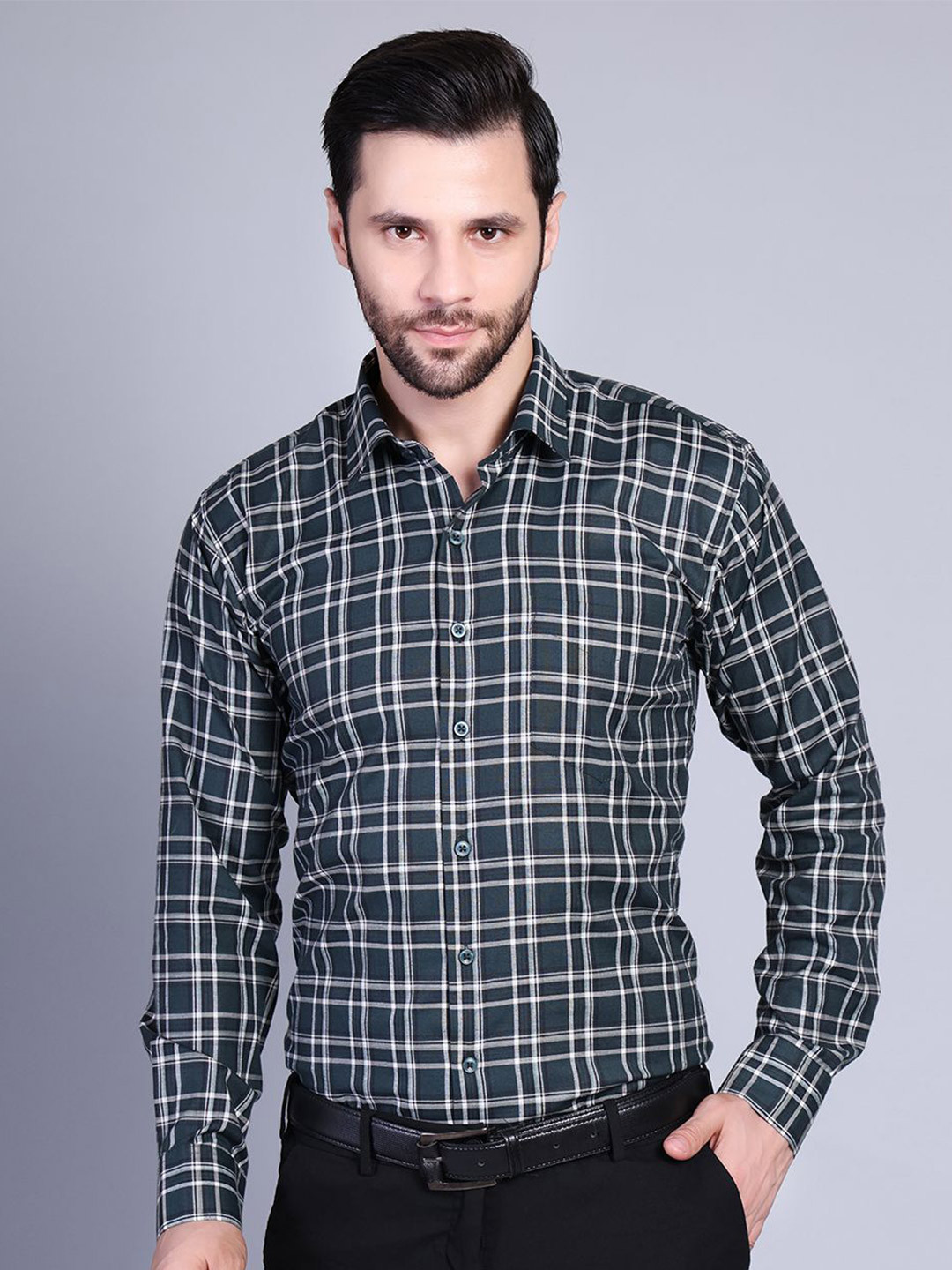 SWAZ Men Green Slim Fit Check Cotton Formal Shirt