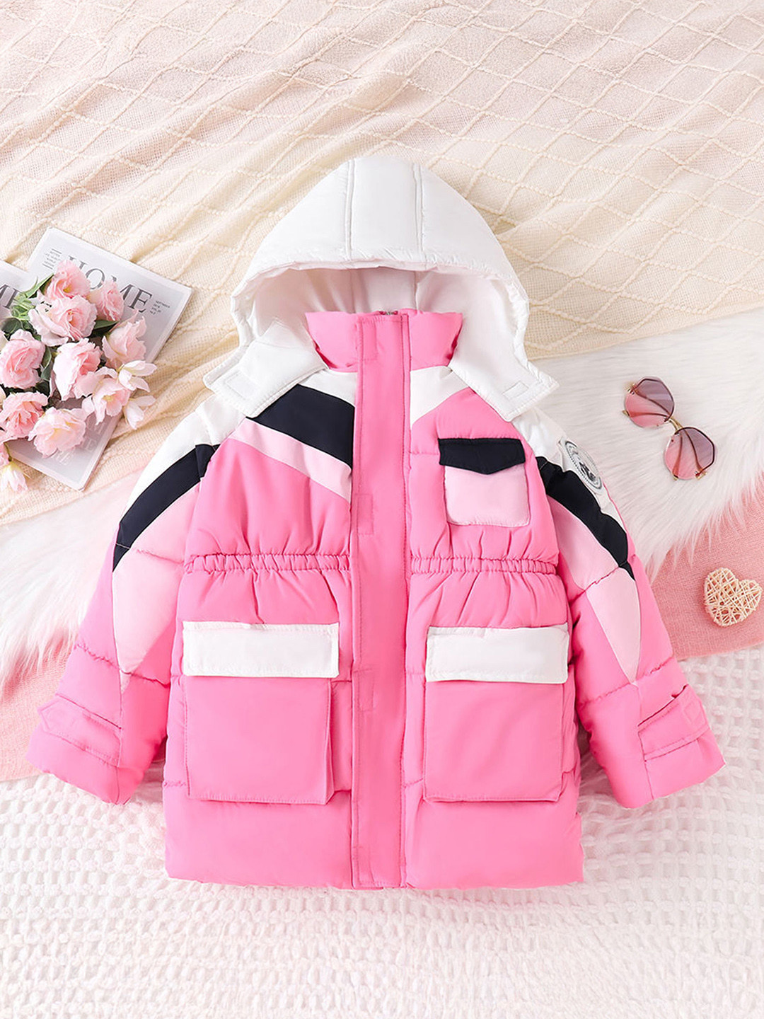 Hopscotch Girls Pink Colourblocked Hooded Puffer Long Coat