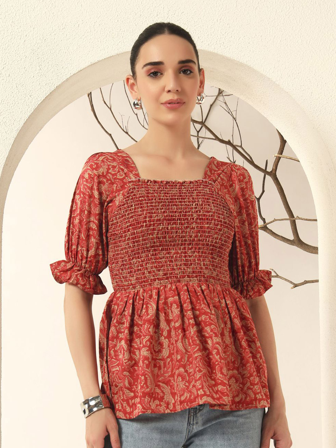 OTABU Women Floral Printed Square Neck Puff Sleeve Smocked Top