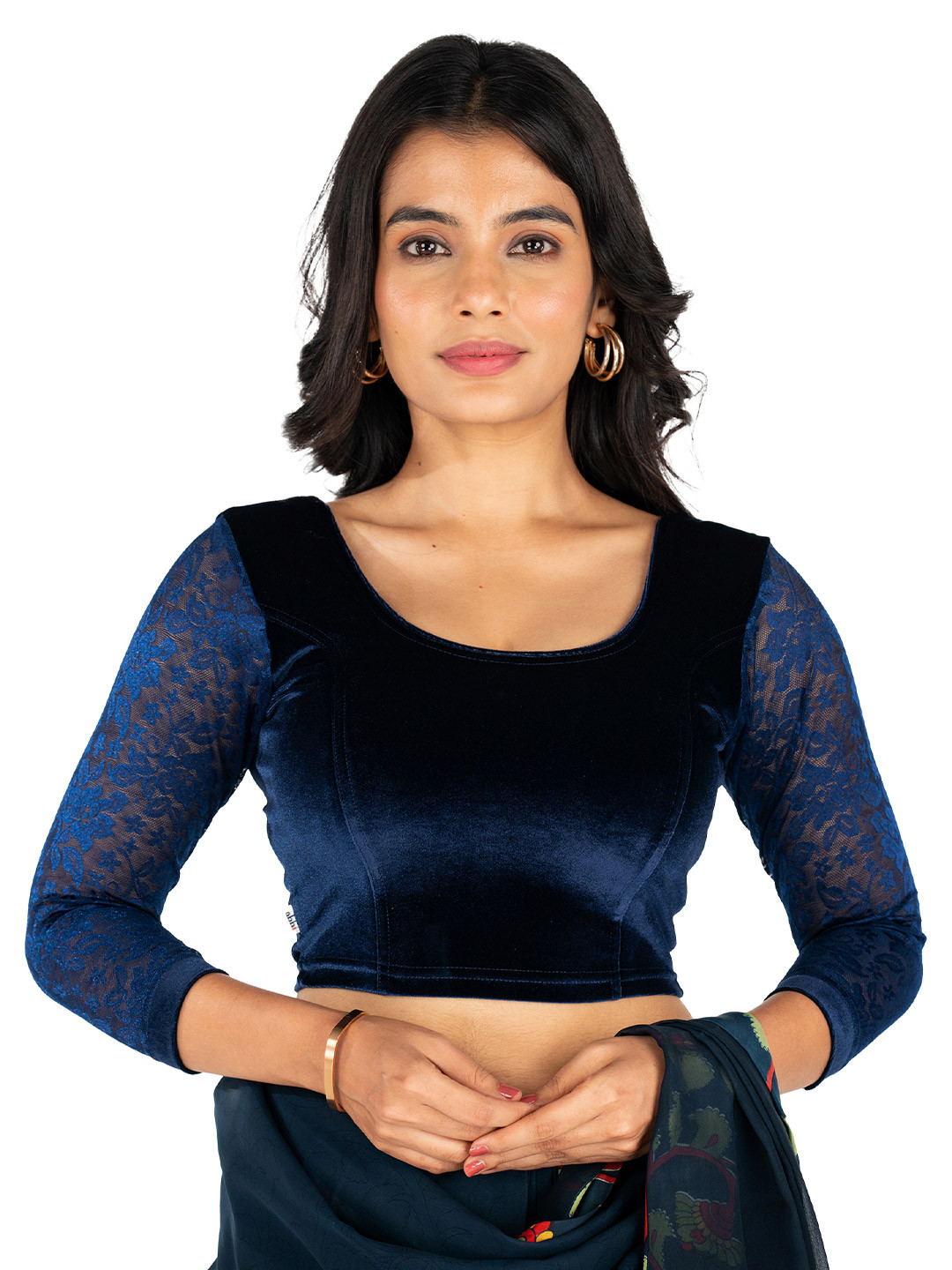 Navy Blue Velvet Scoop Neck Crop Top