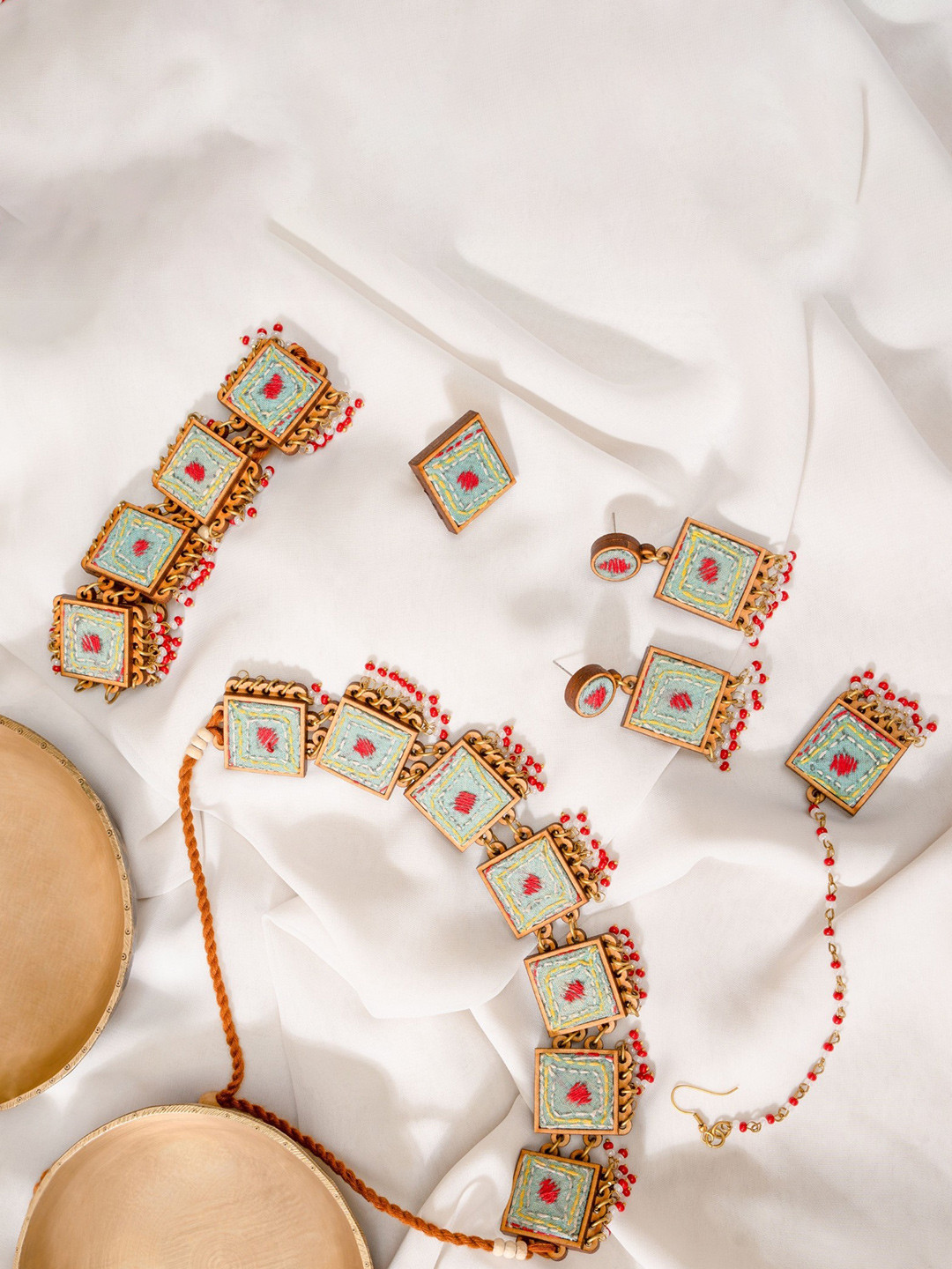 WHE Kantha Columbia Blue Repurposed Silk Fabric and Wood Necklace