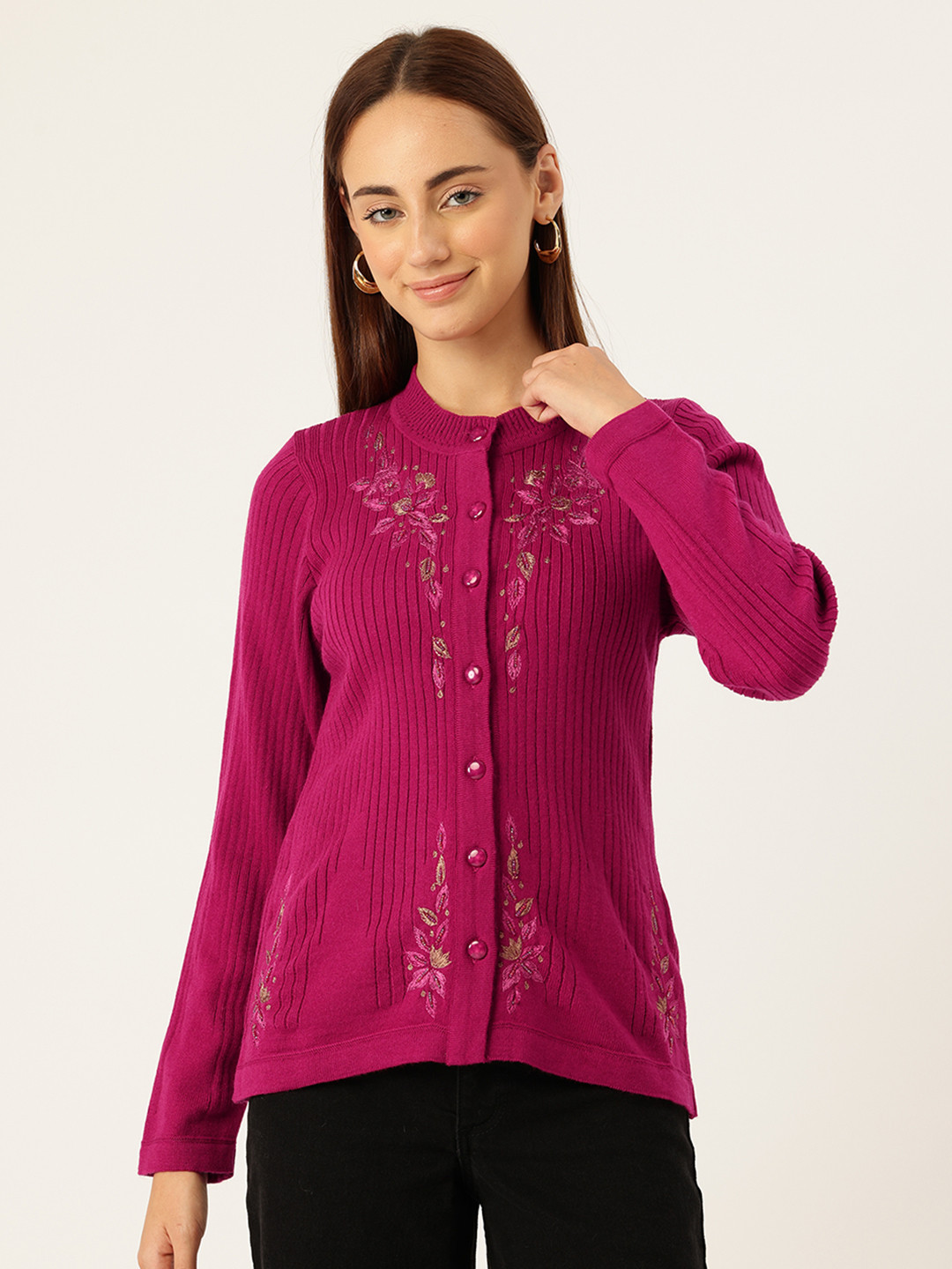 Monte Carlo Ribbed Round Neck Button-Down Cardigan with Embroidered Detail