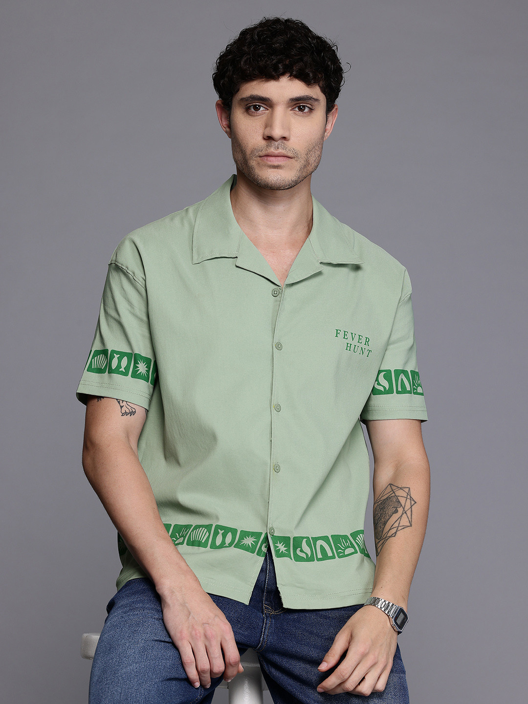 FEVER HUNT Conversational Print Cuban Collar Drop-Sleeves Relaxed Fit Shirt