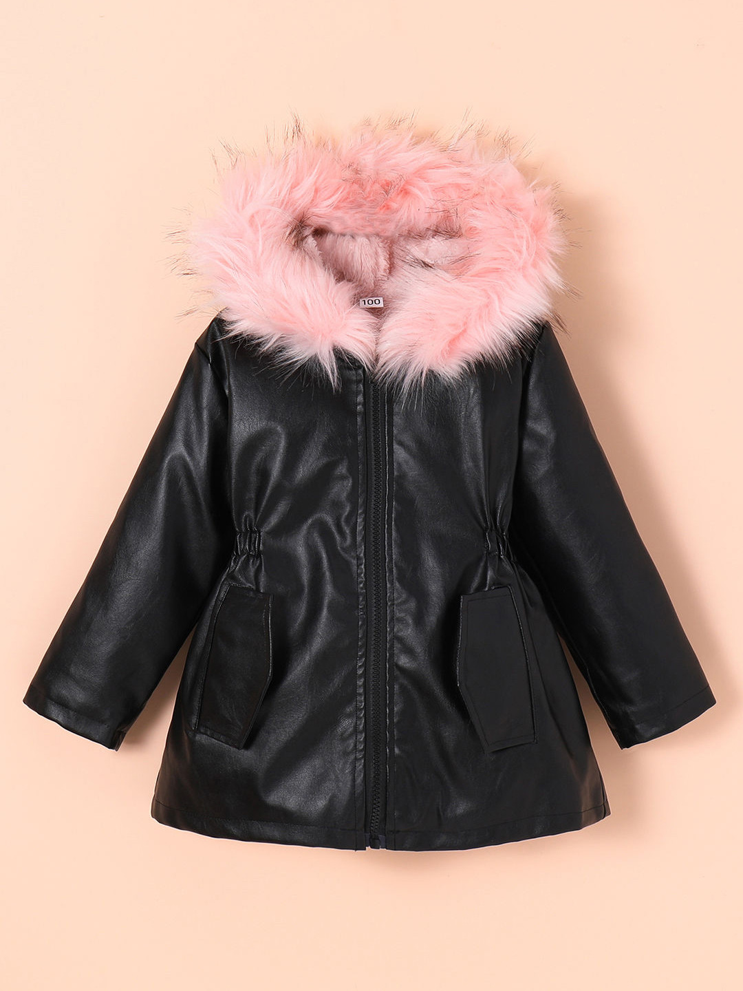 Hopscotch Kids Black and Pink Fur Hooded Coat