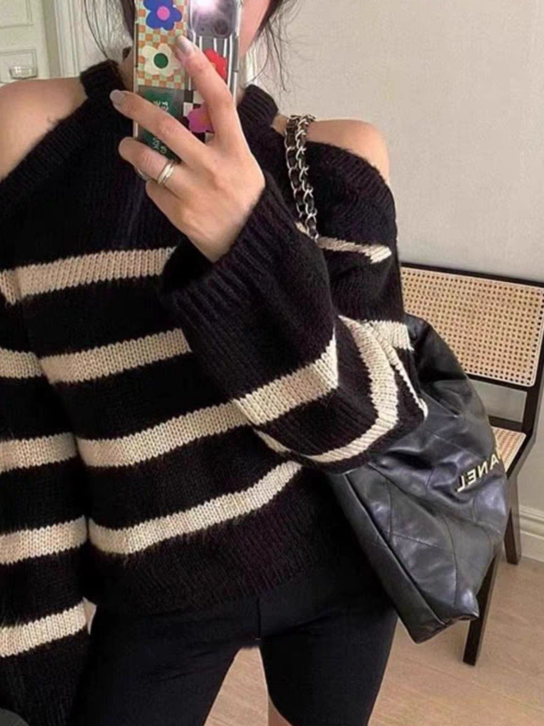 bebe Black Striped Cold Shoulder Sweater