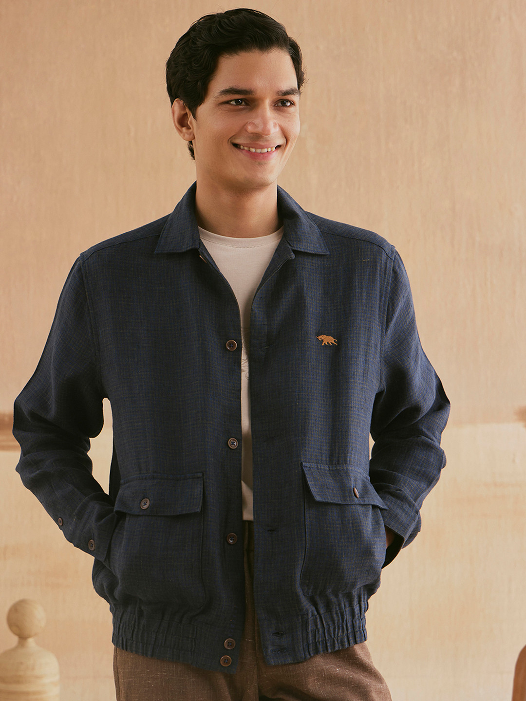 Andamen Men's Casual Linen Woven Bomber Jacket