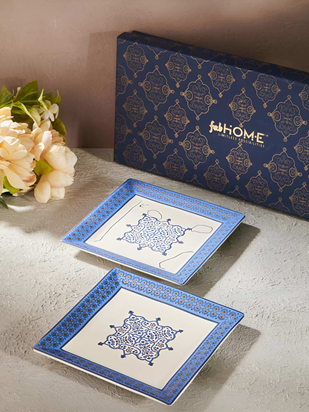 Fabindia Gulmohar Blue & White 2 Pieces Floral Printed Ceramic Food Platters