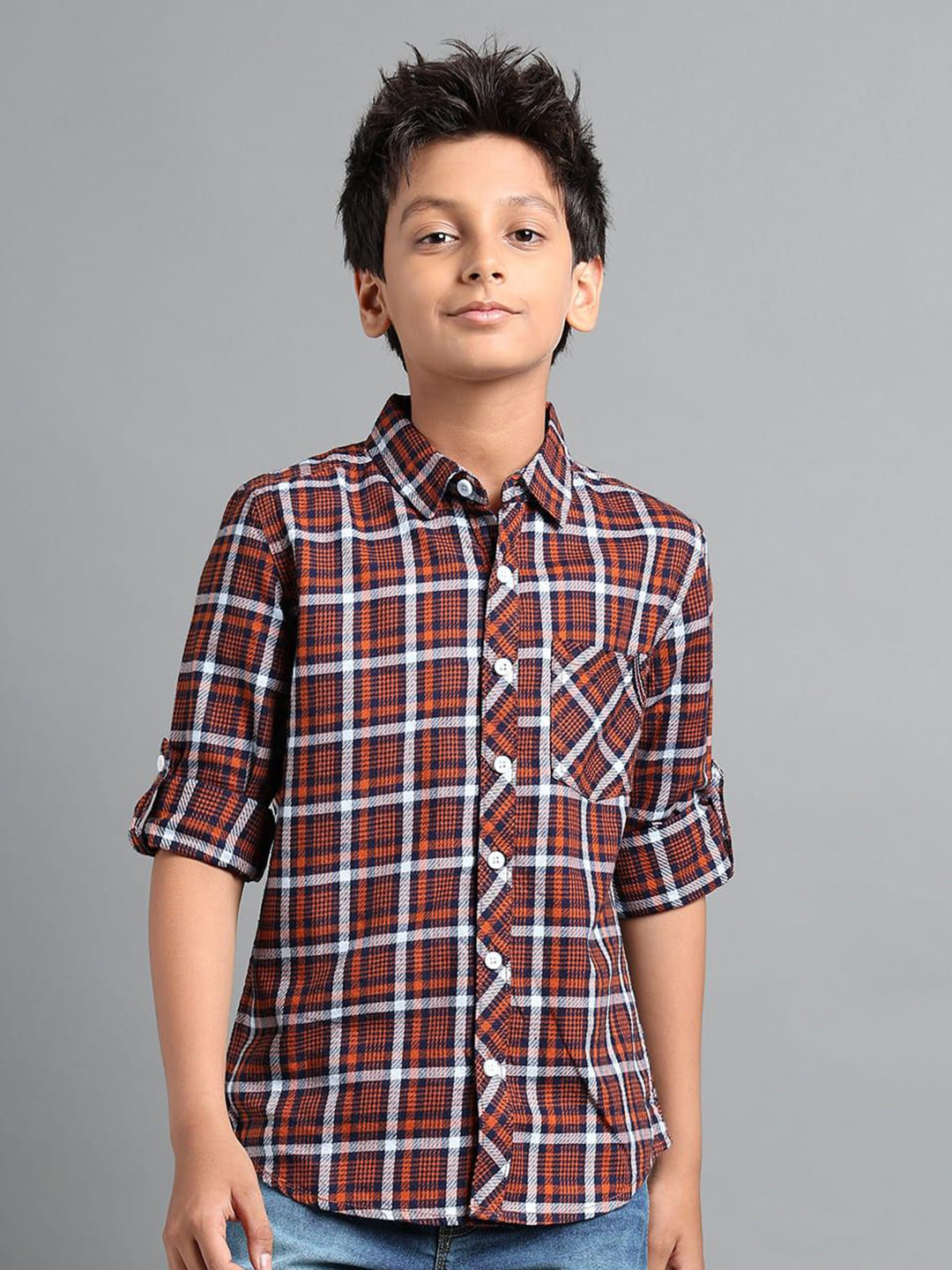 UNDER FOURTEEN ONLY Boys Tartan Checks Checked Spread Collar Cotton Shirt