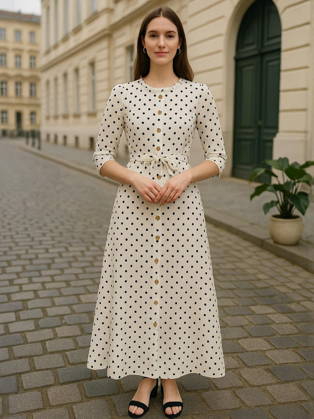 DressBerry Women Off White Polka Dot Printed Full Front Placket Round Neck Maxi Dress