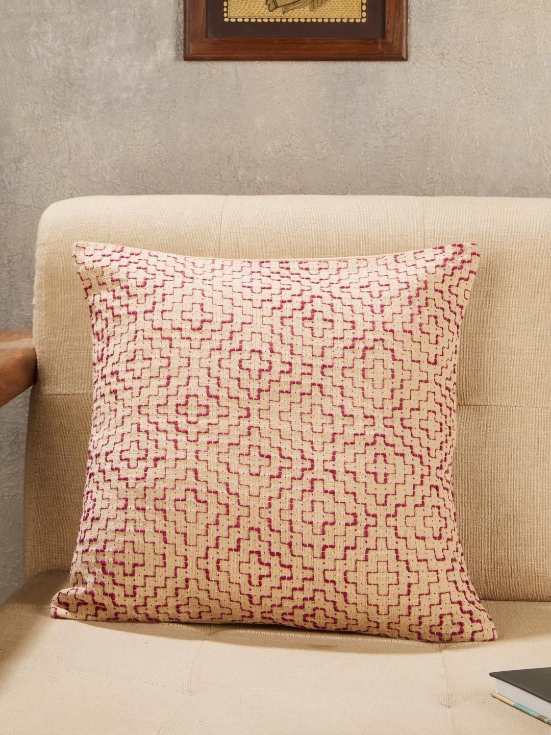 Fabindia Binal Beige & Red Self Design Cotton Square Cushion Cover