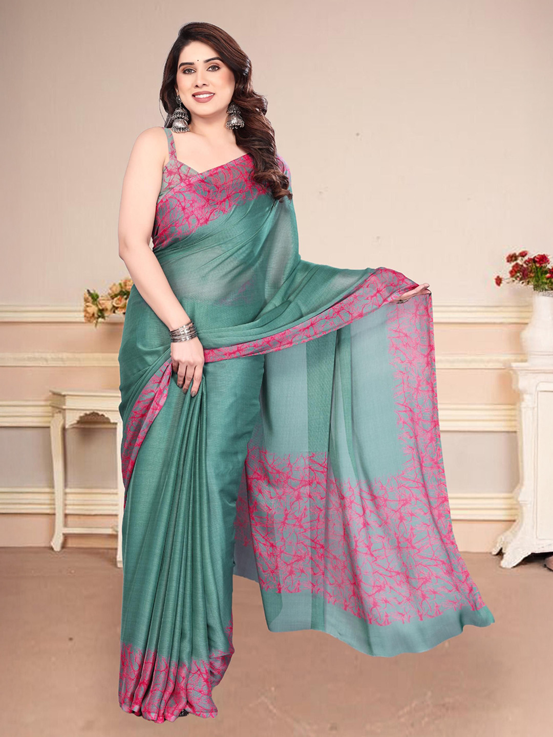 BilloRani Solid Pure Chiffon Saree With Printed Border