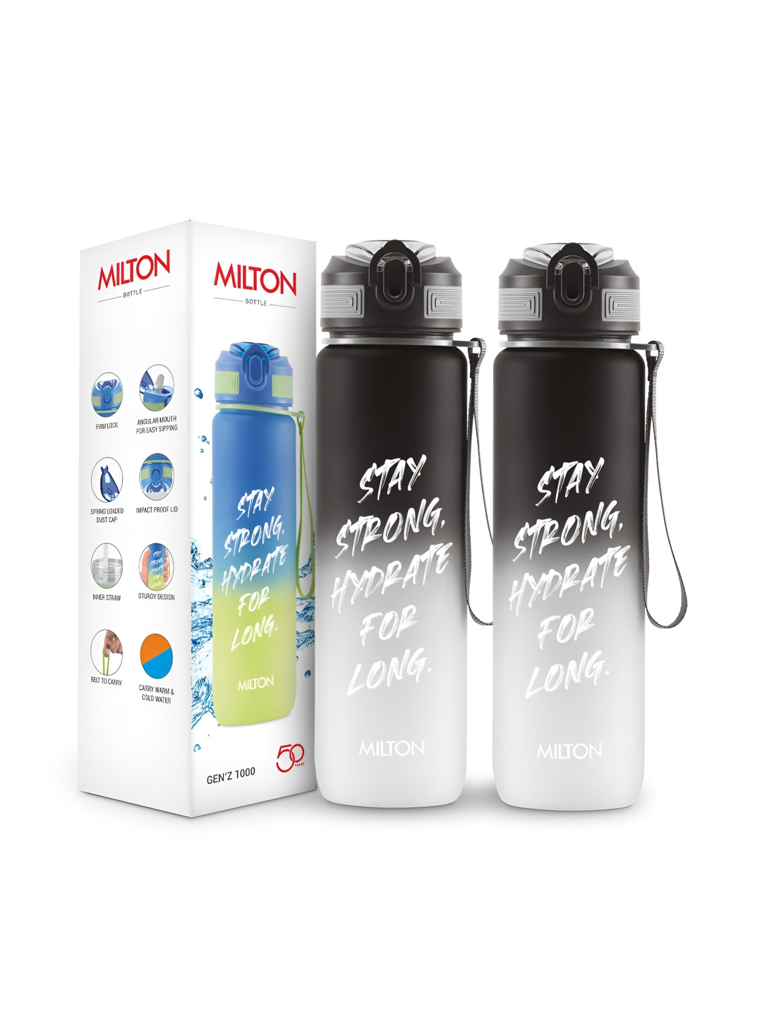Milton White & Black 2 Pieces Motivational Sipper Water Bottle 1 L Each