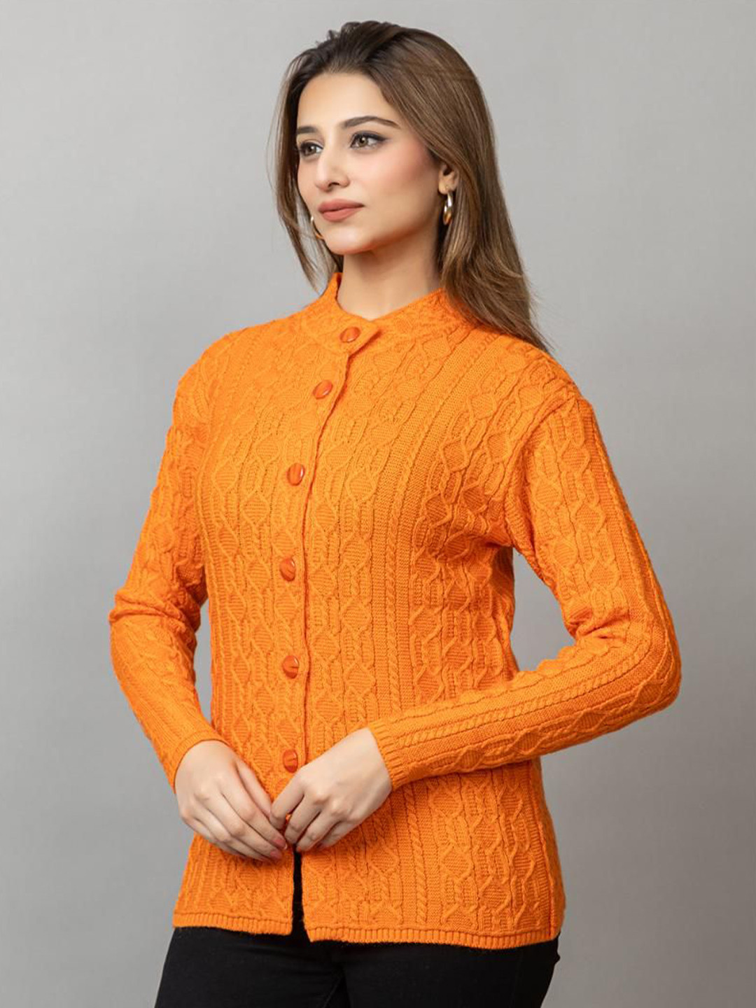 Dart Line Women Geometric Self Design Round Neck Longline Cardigan