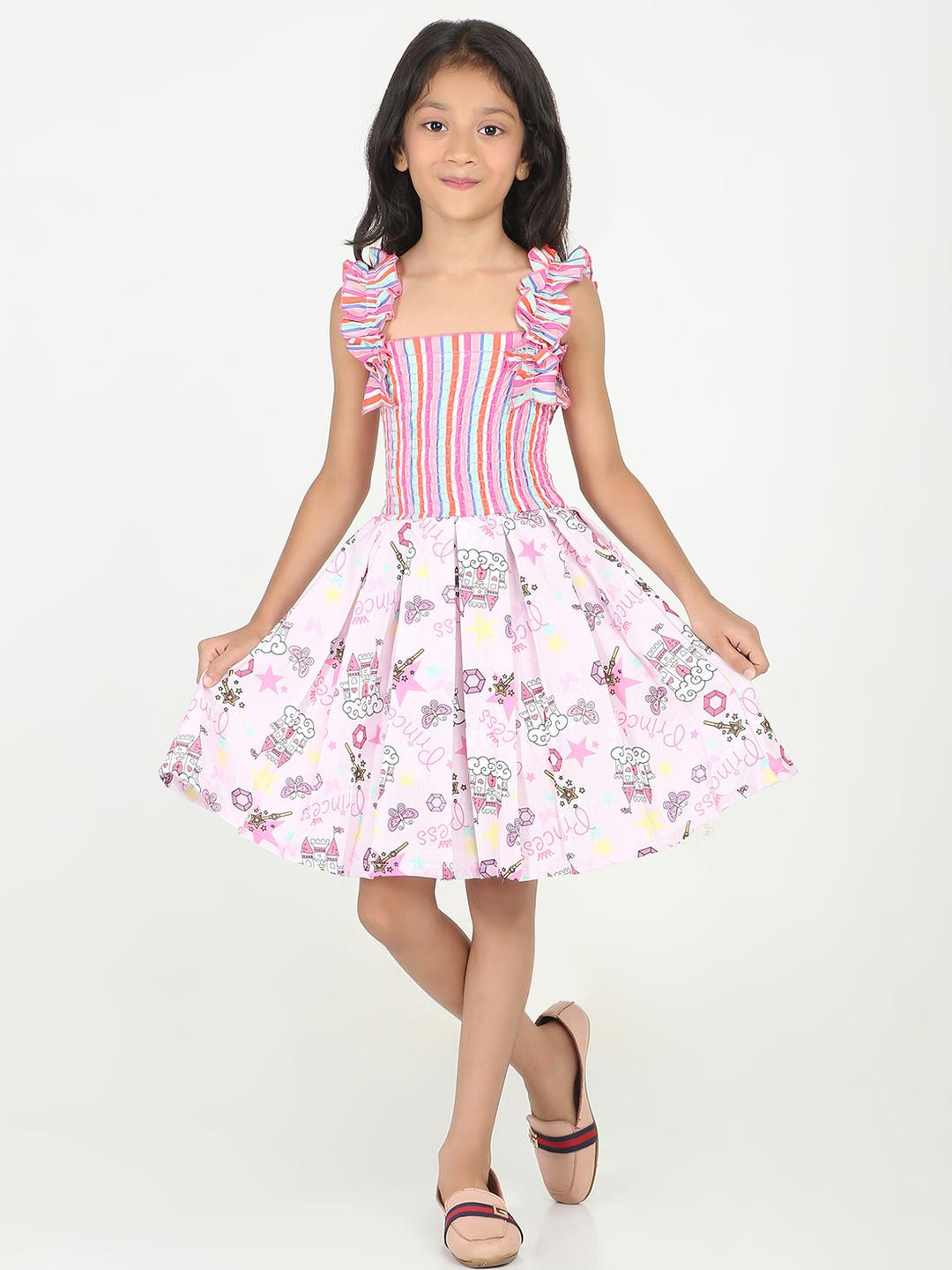 Be Kids Girls Printed Fit & Flare Striped Cotton Dress with Ruffle Straps