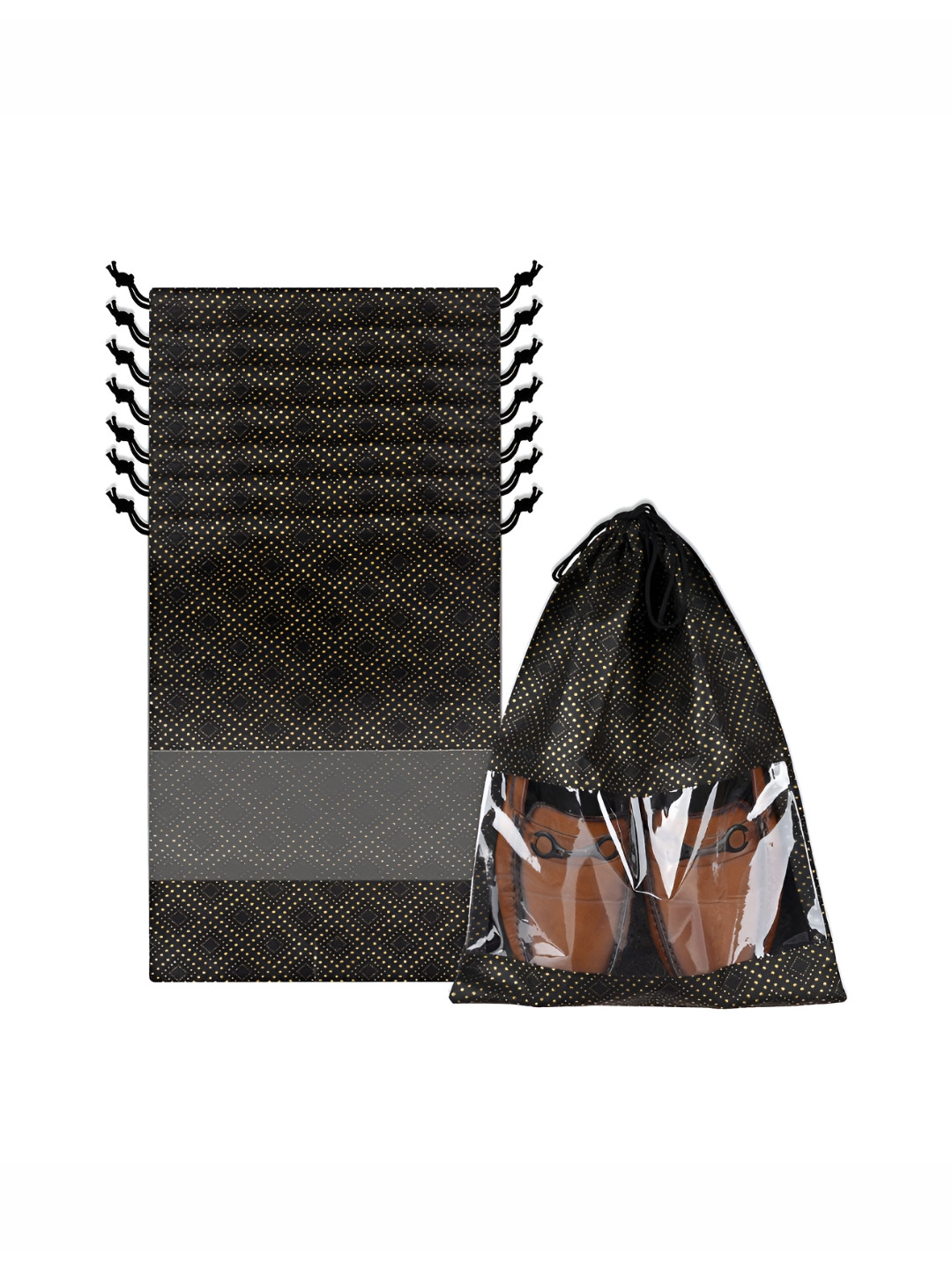 Aura Black & Beige 8 Pieces Printed Shoe Bags With Transparent Windows