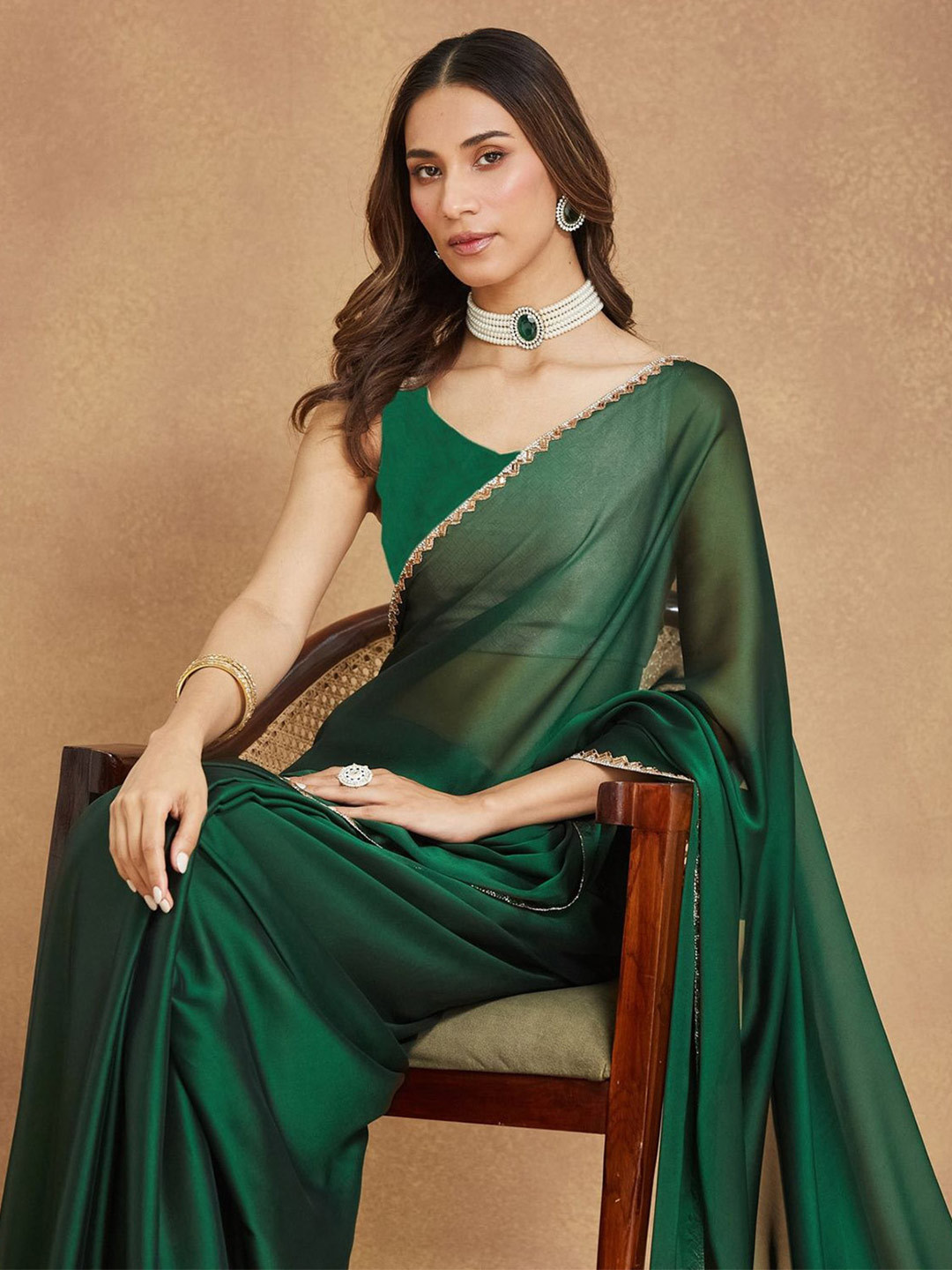 LOROFY Beads & Stones Satin Ikat Saree With Blouse