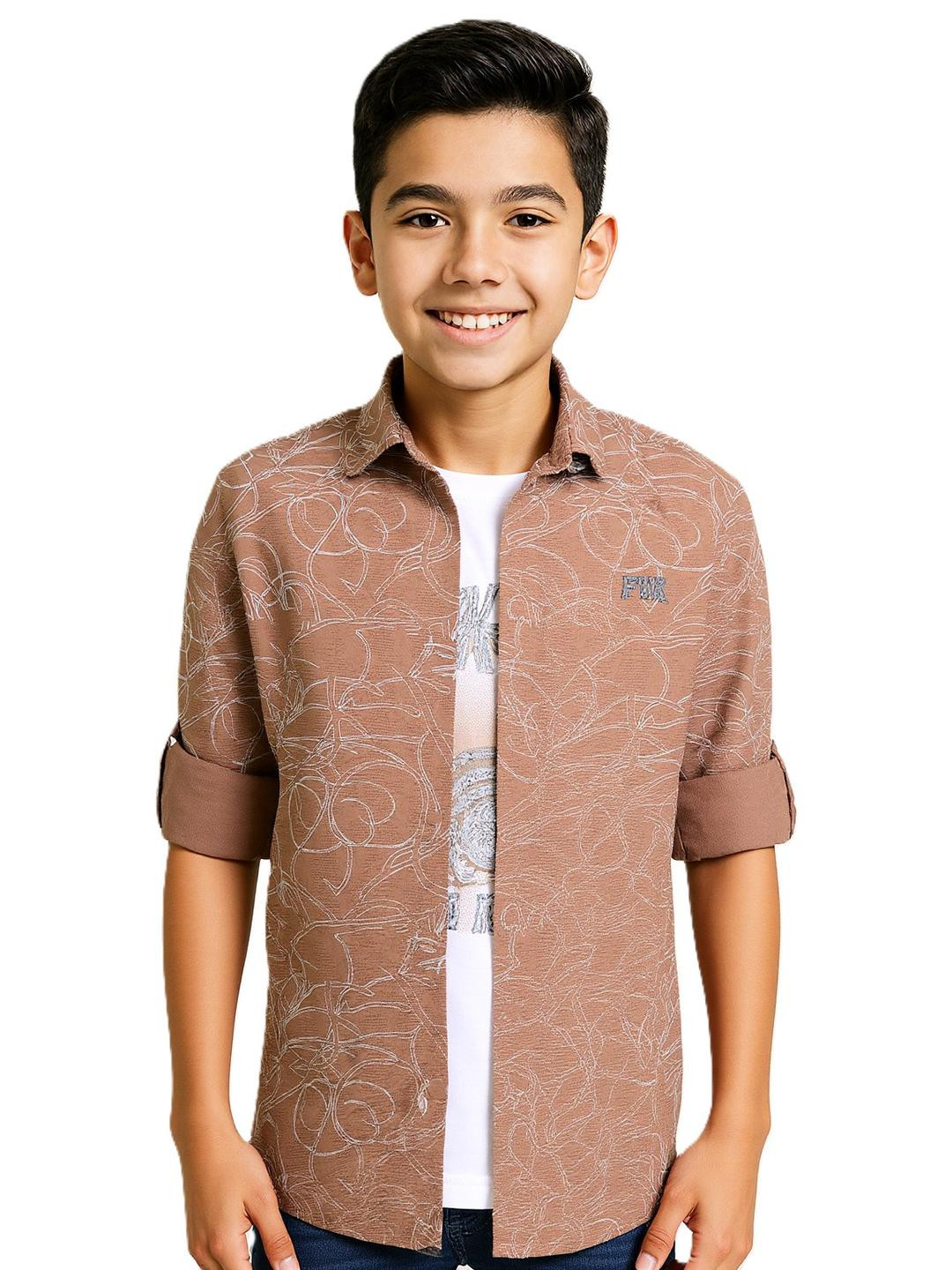 CAVIO Boys Khaki Printed Full Sleeve Casual Shirt & T-Shirt