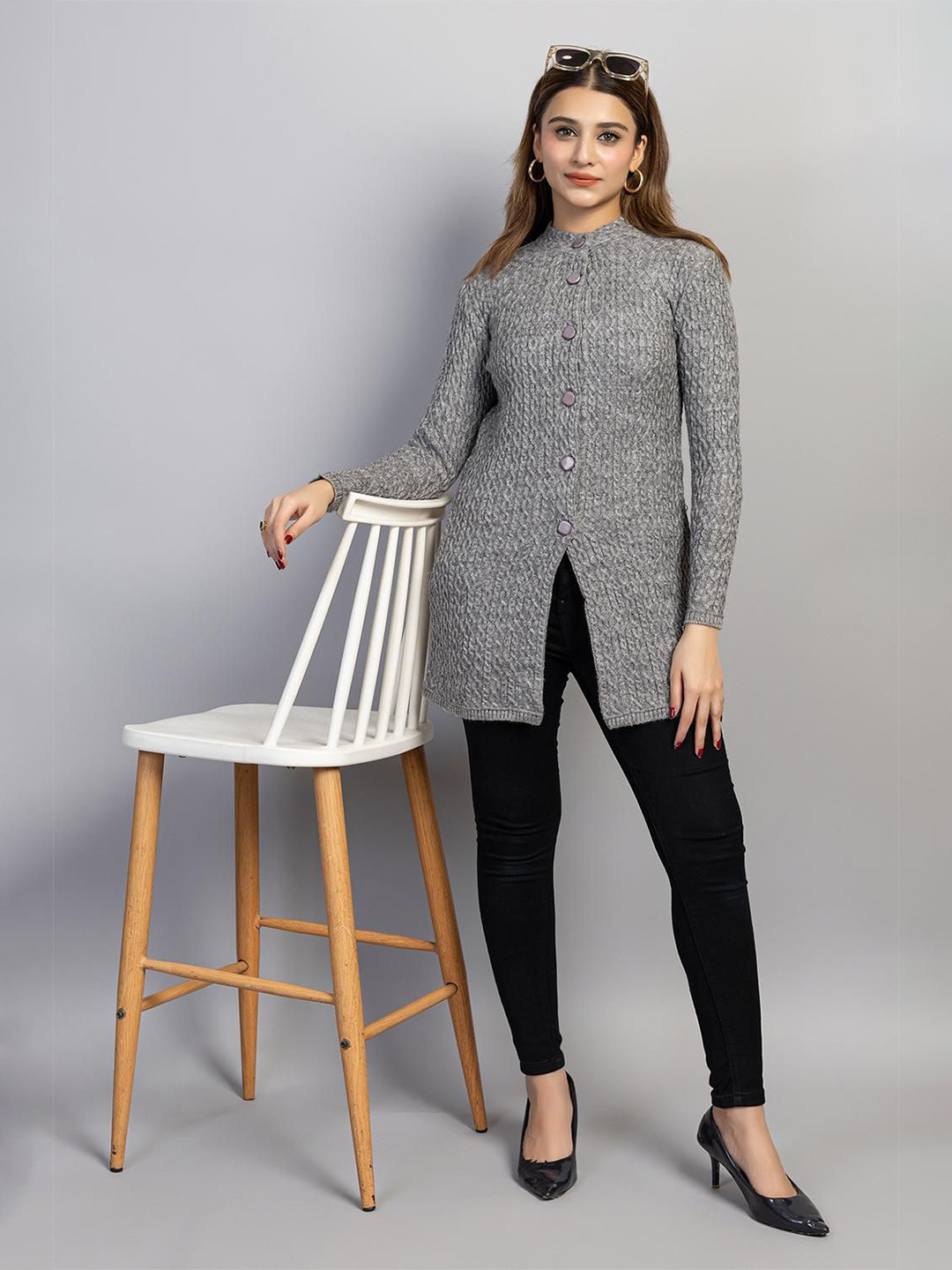Dart Line Women Self Design Cardigan