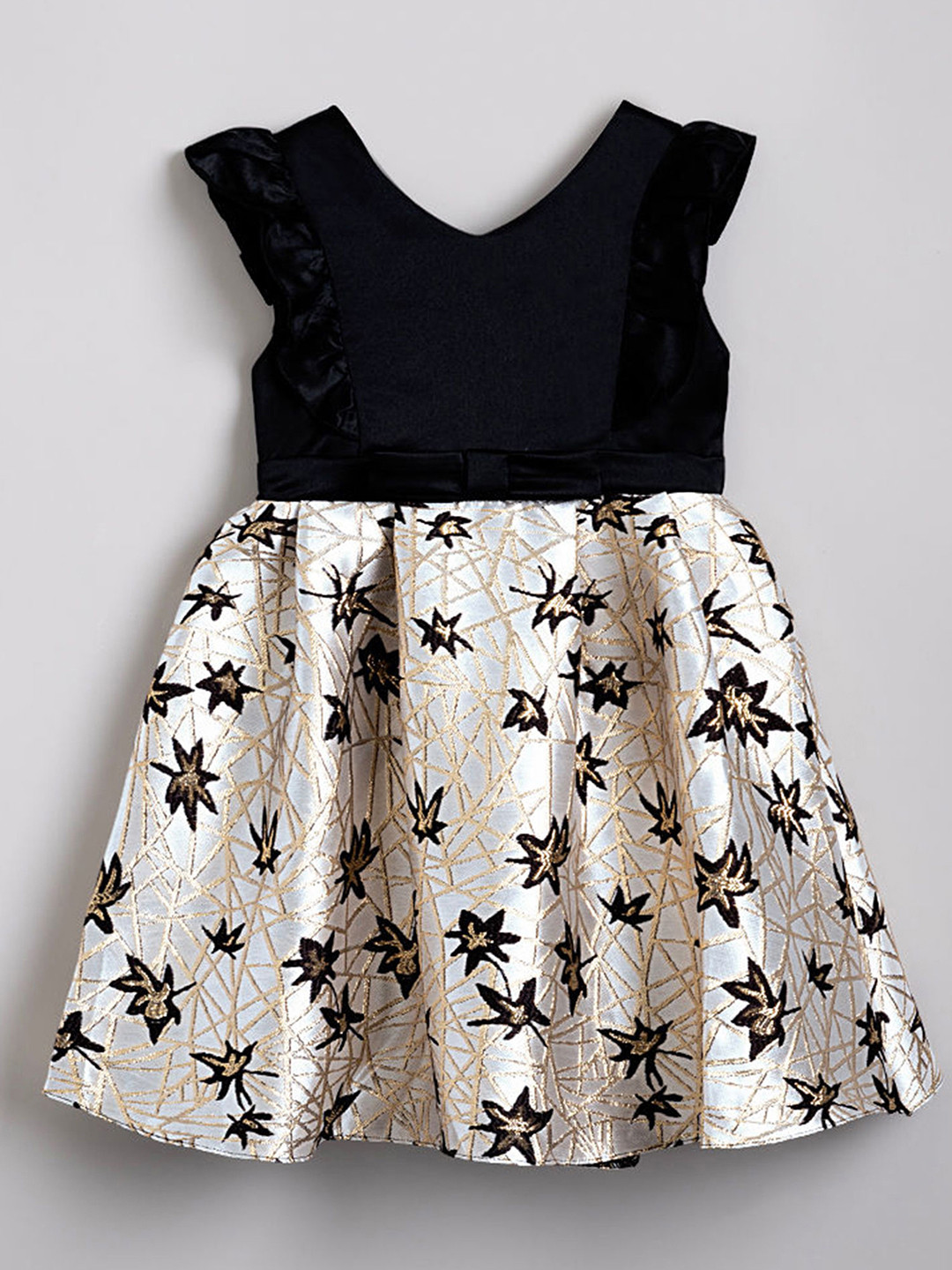 Hopscotch Girls Black & Beige Self Designed Flutter Sleeve Satin Fit & Flare Dress