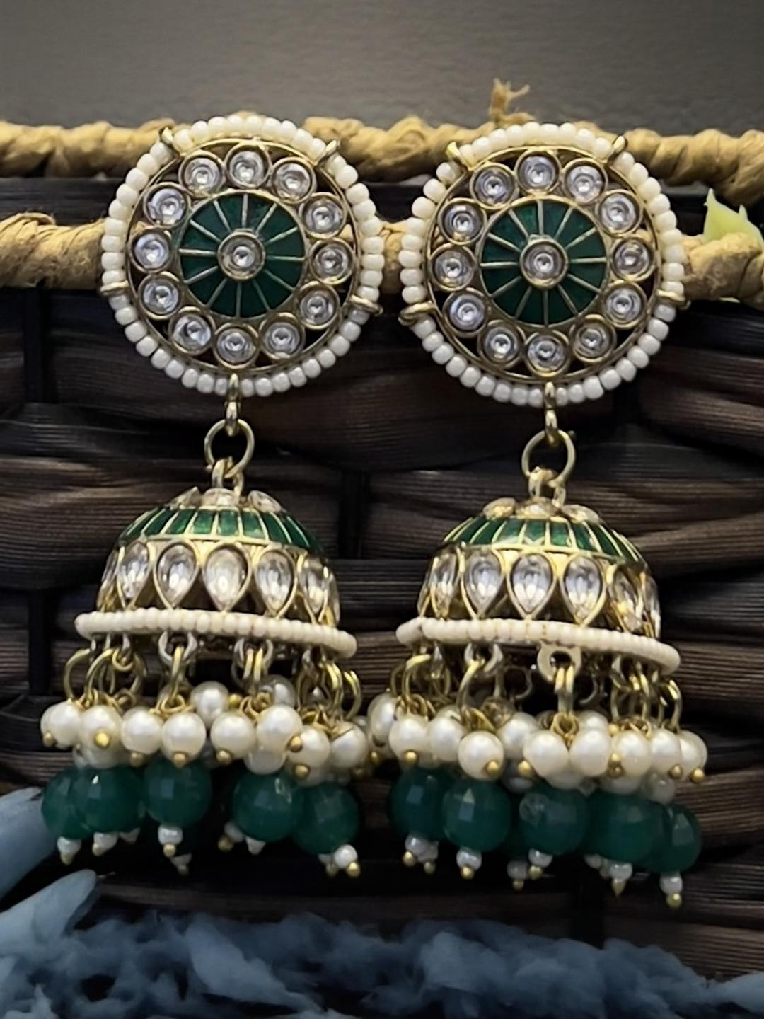 Fashion Theme Women Green Kundan Jhumkas Earrings