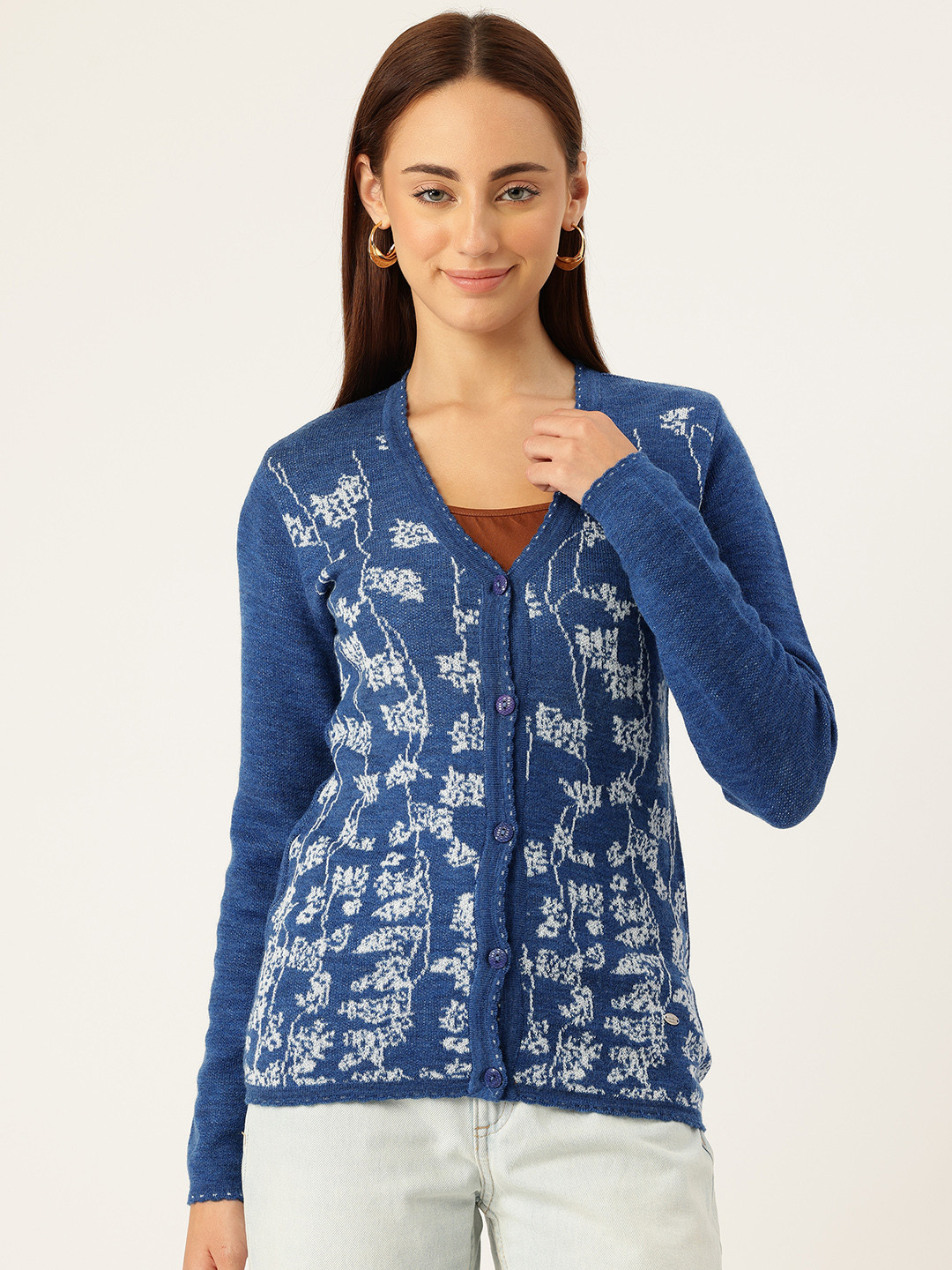 Monte Carlo Floral Self-Design V-Neck Button-Down Cardigan