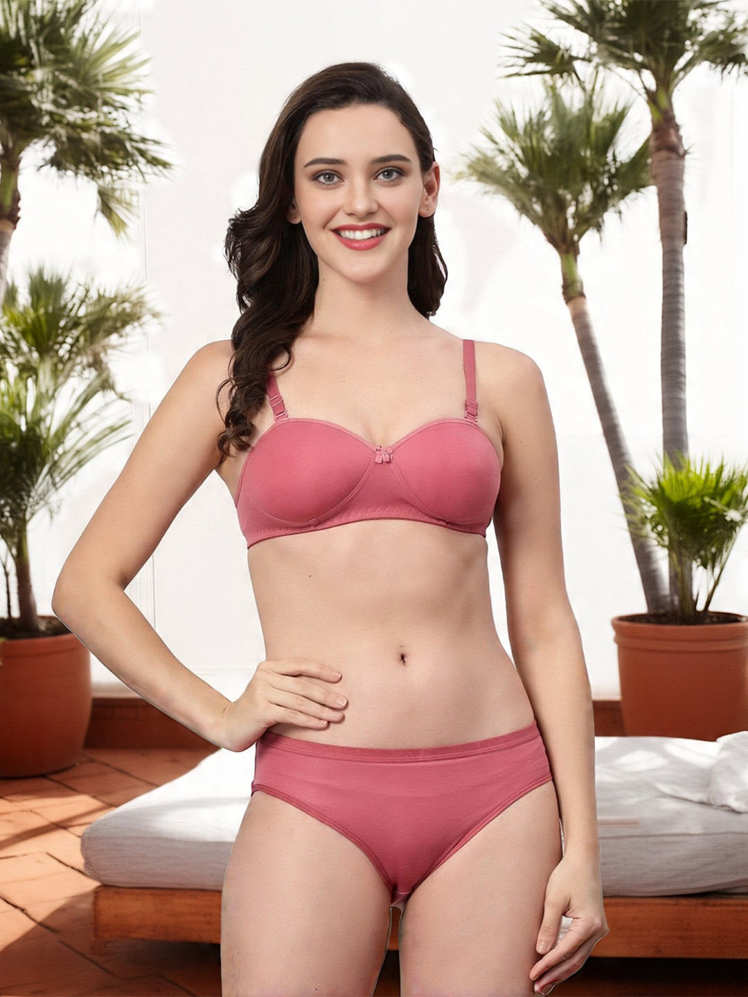 adornstar Women Pink Half Padded Bra Panty Lingerie Se